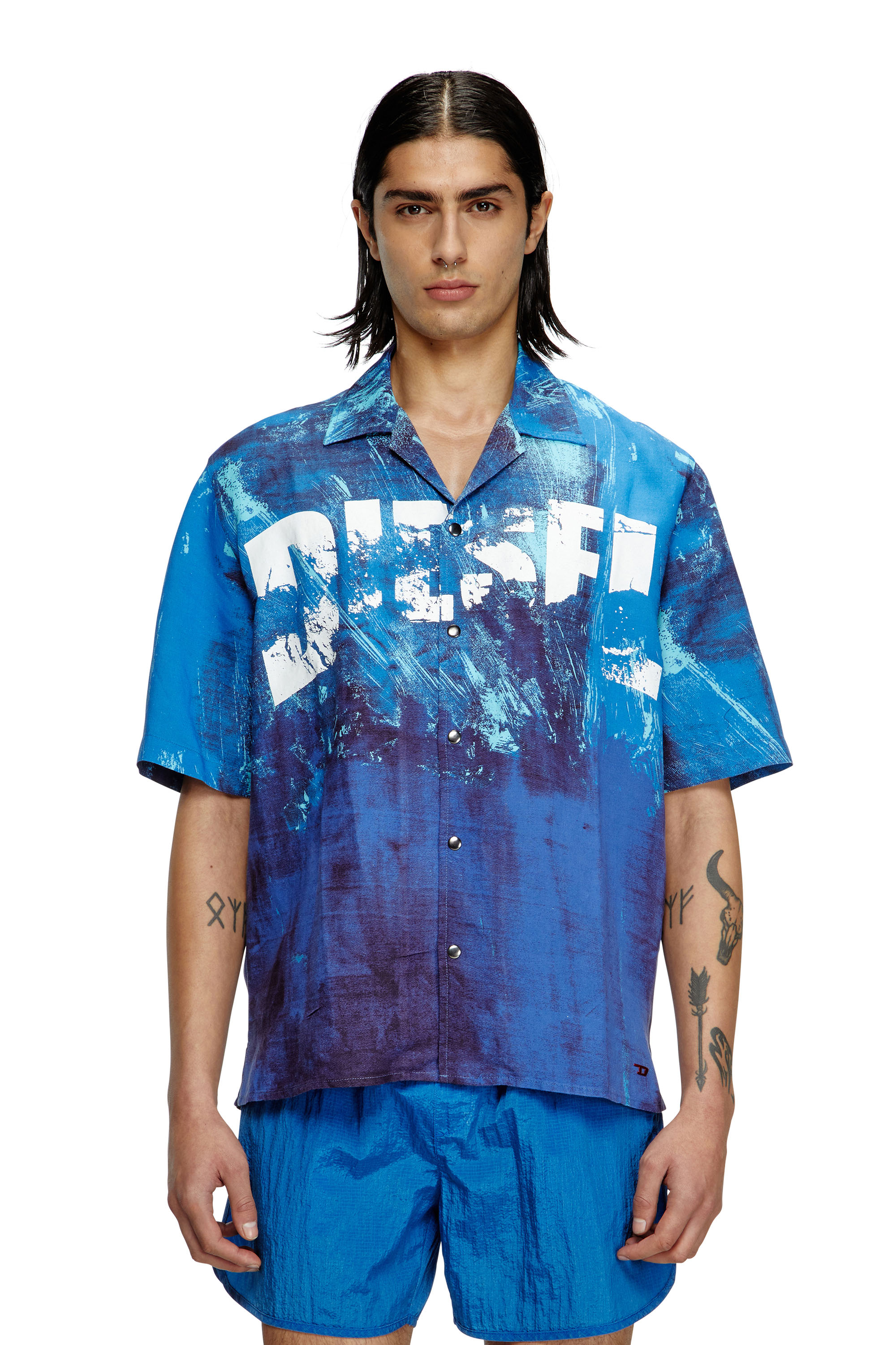 Diesel - CHARLES-D-POP, Man's Printed beach shirt in linen blend in Blue - 1