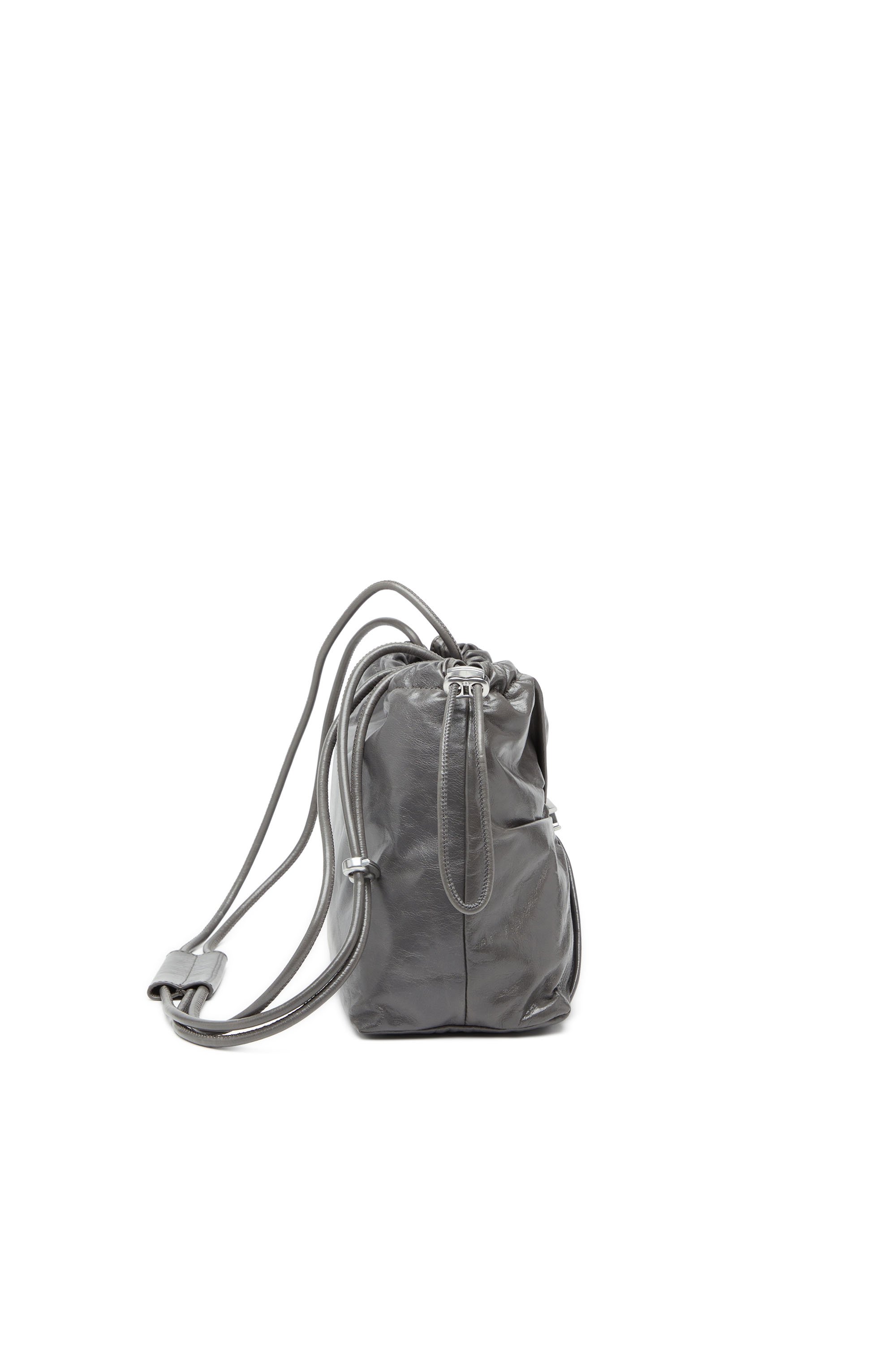 Diesel - SCRUNCH-D BUCKET, Damen Scrunch-D-Beuteltasche aus glänzendem zerknittertem Leder in Grau - 3