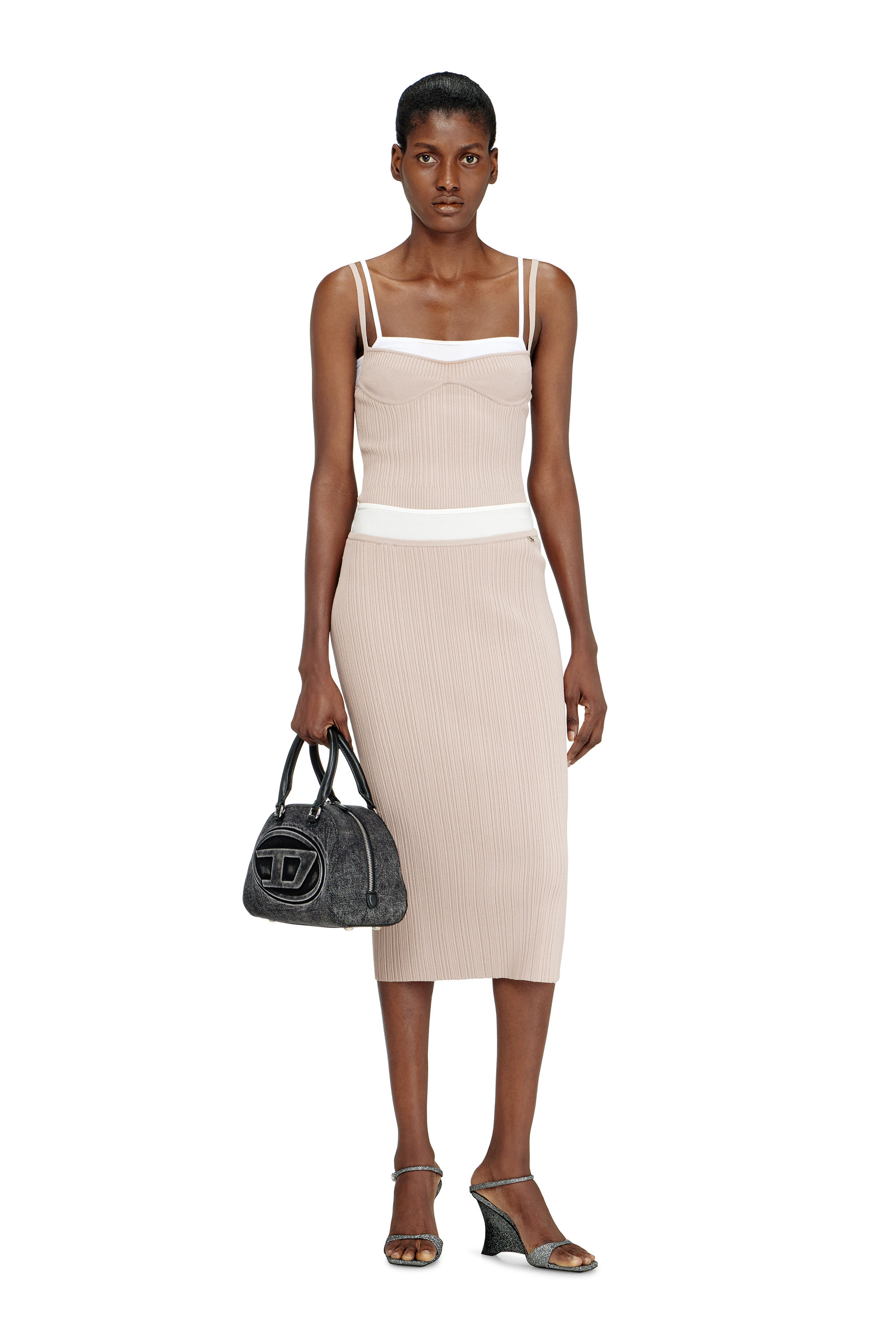 Diesel - M-ZINIA, Damen Gerippter Strickrock mit kontrastierendem Bund in Rosa - 2