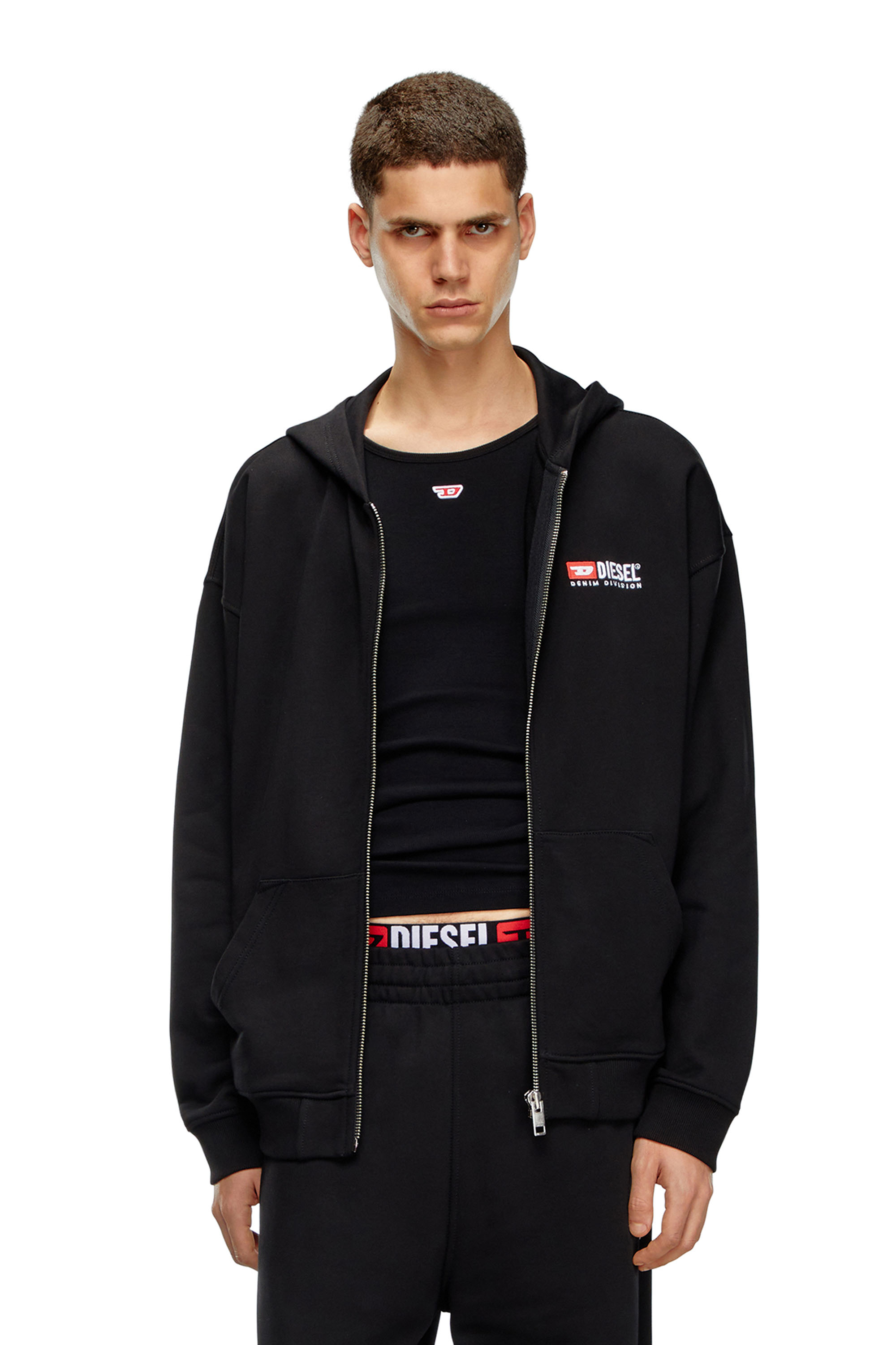 Diesel - S-BOXT-HOOD-ZIP-DIV, Herren Hoodie mit Diesel-Stickerei und Reißverschluss in Schwarz - 1