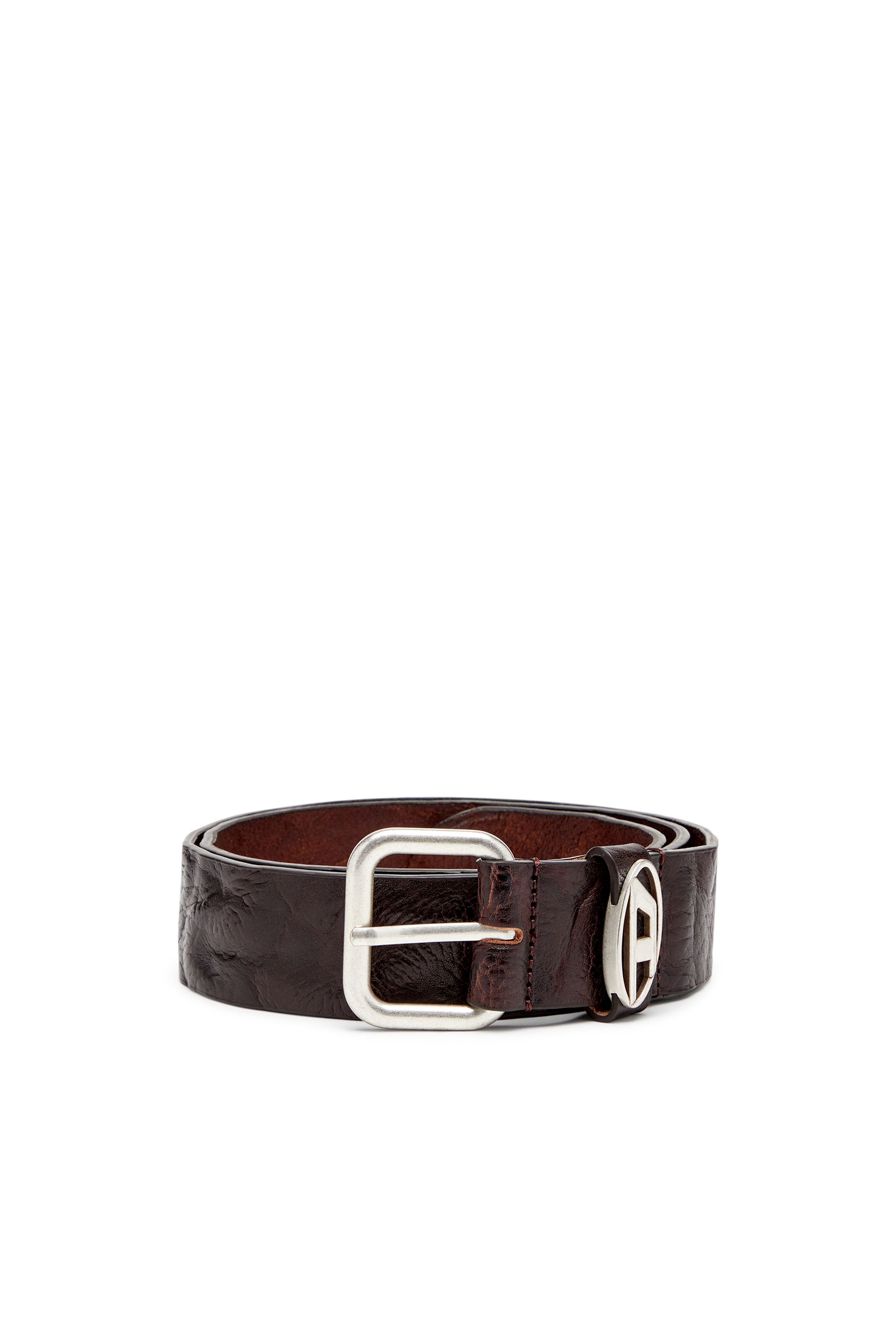 Diesel - B-1DR OVAL D LOOP, Unisex Logo-plaque wrinkled leather belt in Dunkelbraun - 1