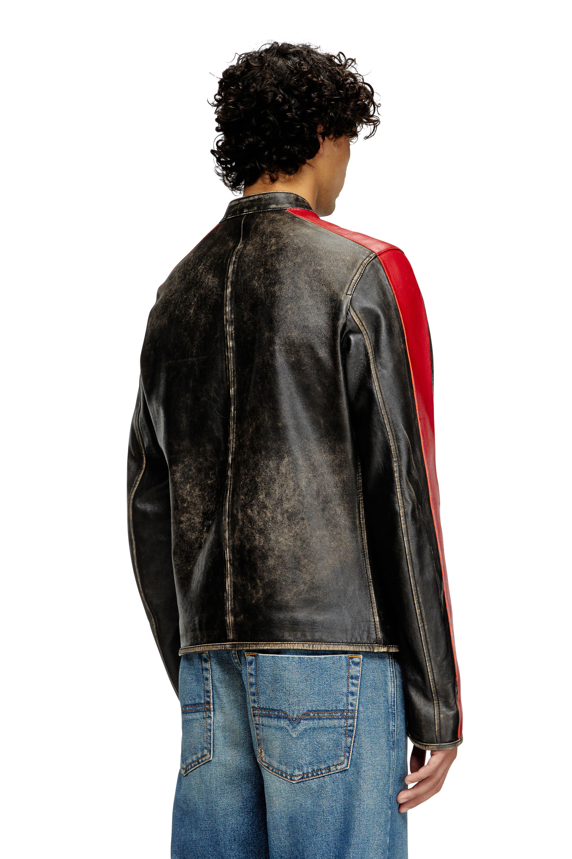 Diesel - L-RENN, Herren Jacke aus Leder mit kontrastfarbenen Streifen in Schwarz/Rot - 4