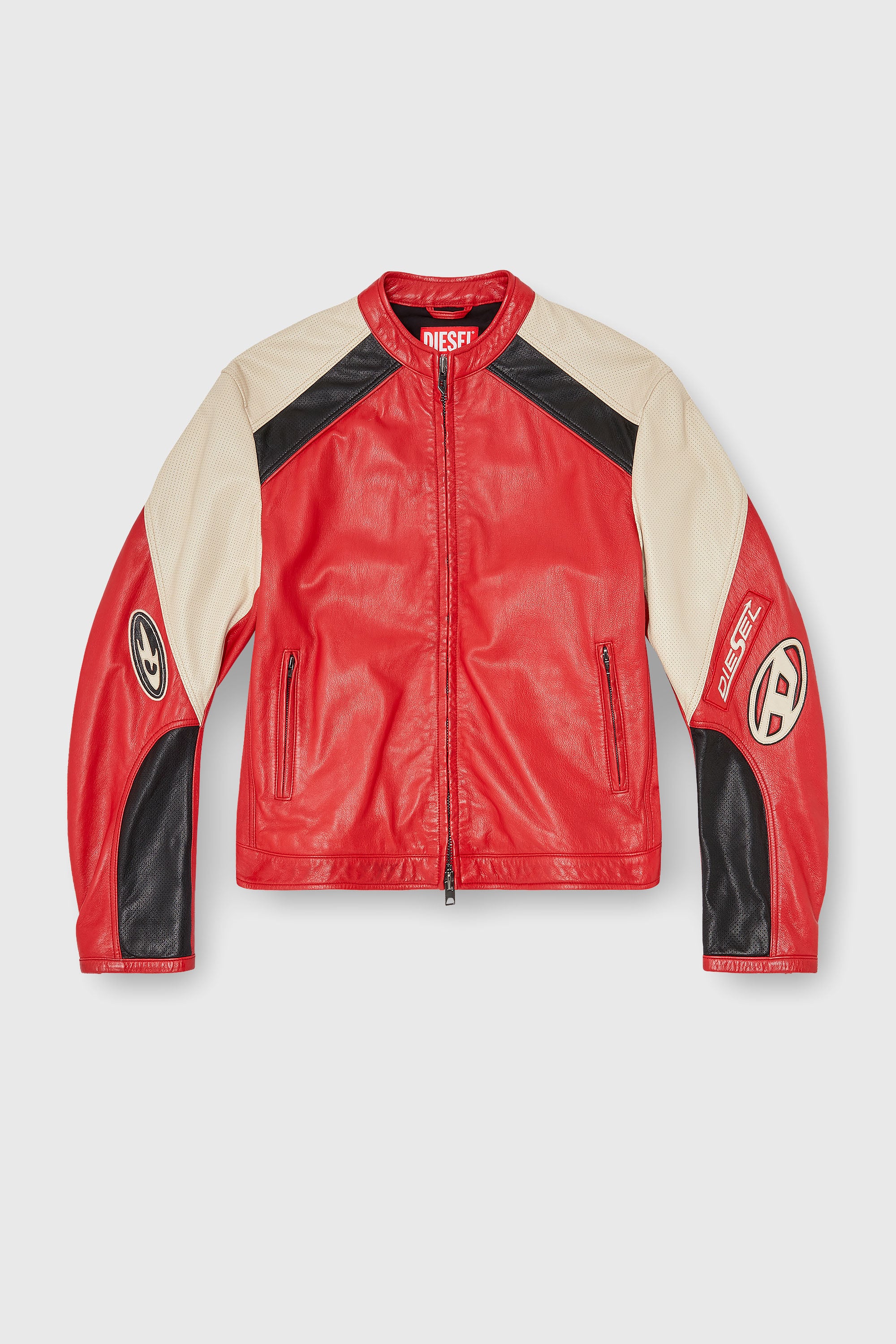 Diesel - L-AHTI, Herren Bikerjacke aus perforiertem Colour-Block-Leder in Beige/Rot - 2
