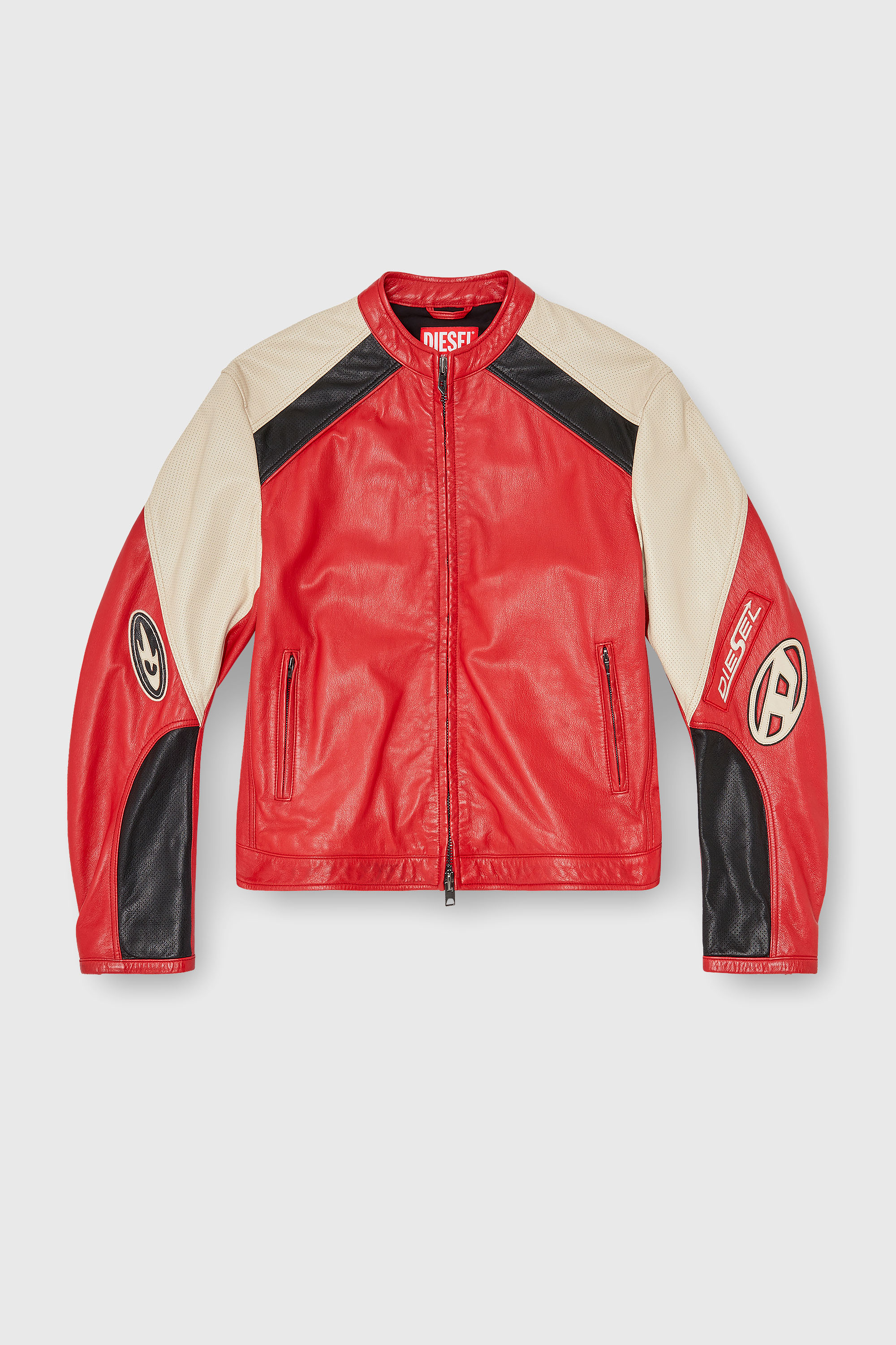 Diesel - L-AHTI, Herren Bikerjacke aus perforiertem Colour-Block-Leder in Beige/Rot - 2
