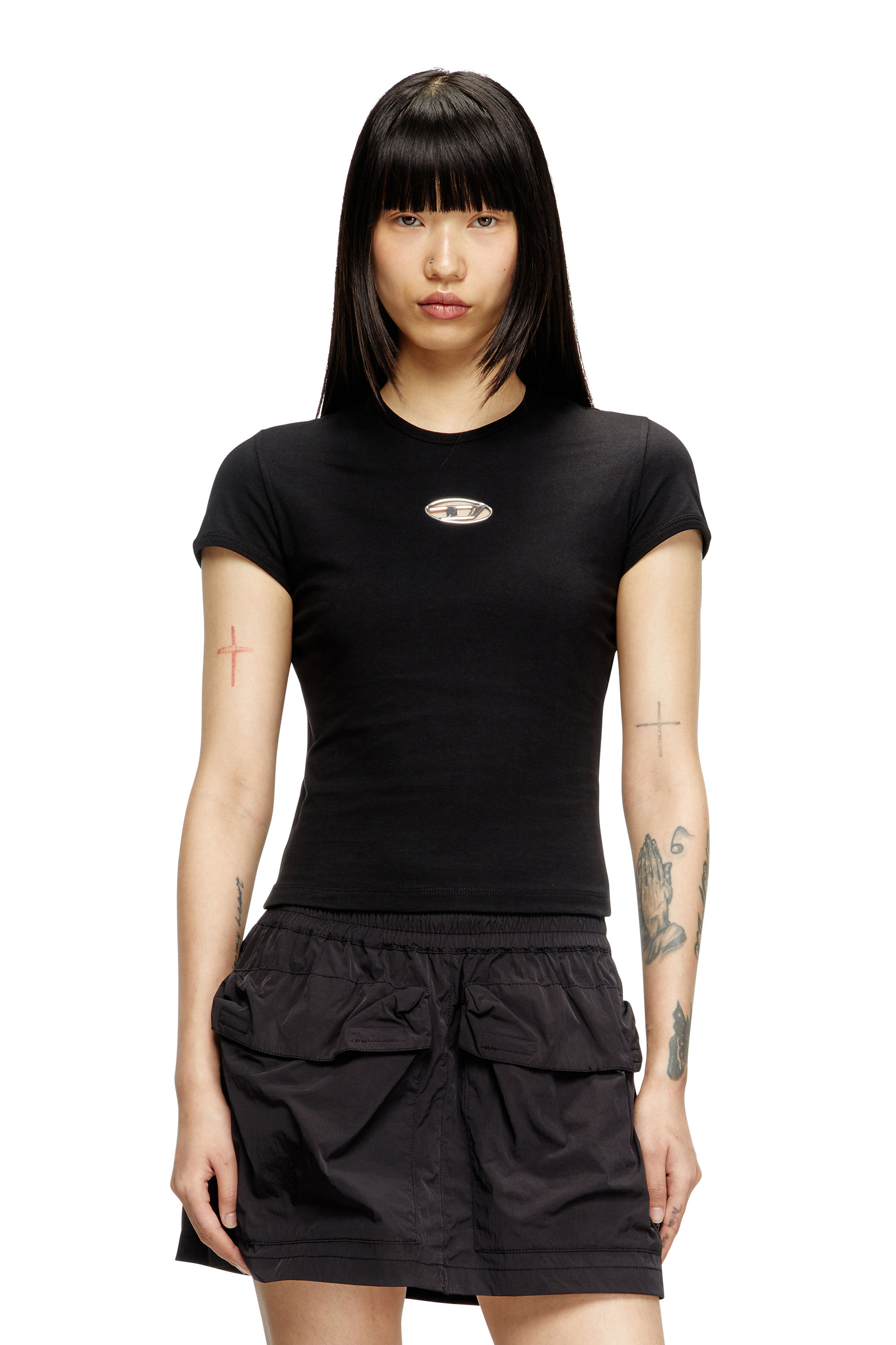 Diesel - T-UNCUTIE-LONG-OD-Q1, Damen T-Shirt in schmalem Fit mit Cut-out-Oval D in Schwarz - 3