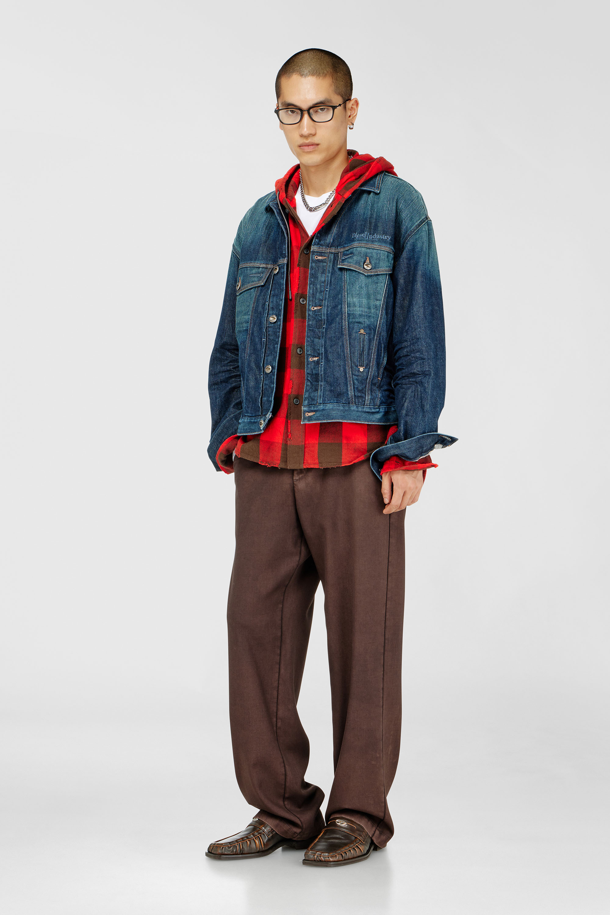 Diesel - S-DRUM-HOODY, Herren Kapuzenshirt aus distressed kariertem Flanell in Braun/Rot - 1