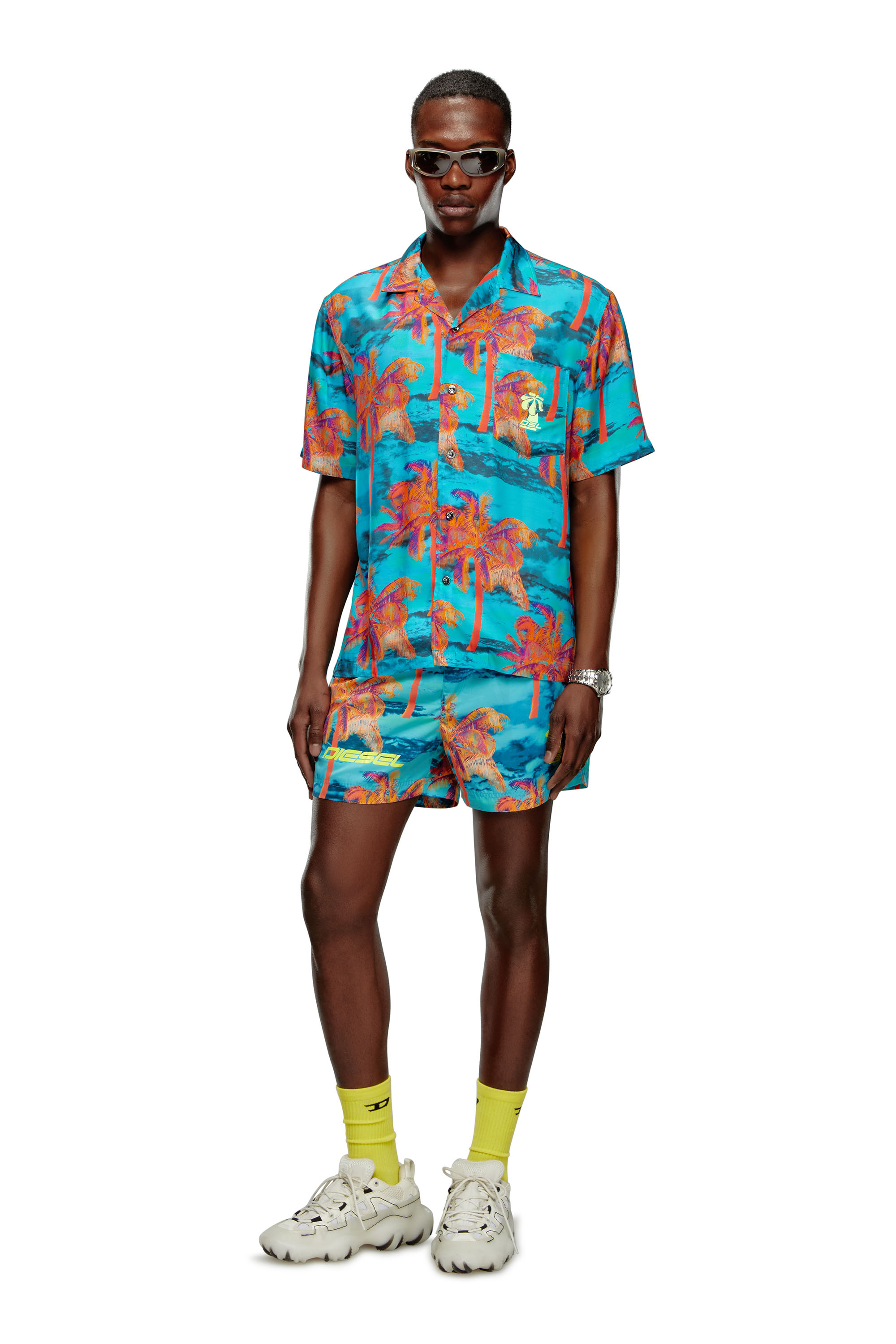 Diesel - BMOWT-ADRIAN, Herren Strandshirt mit Palmen-Print in Blau - 2