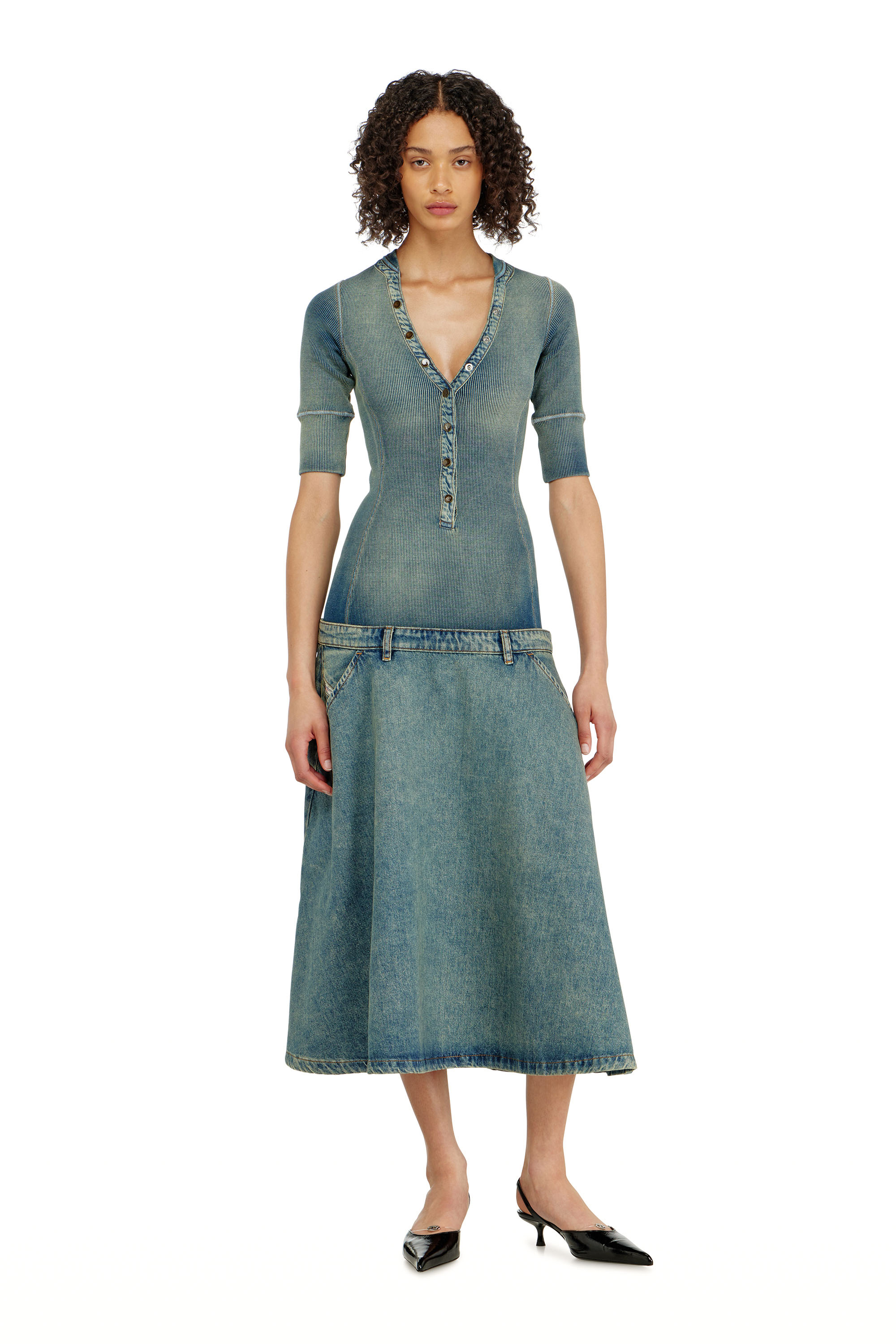 Diesel - DE-ANIM-S, Damen Midikleid mit tiefer Taille aus Strick und Denim in null - 3
