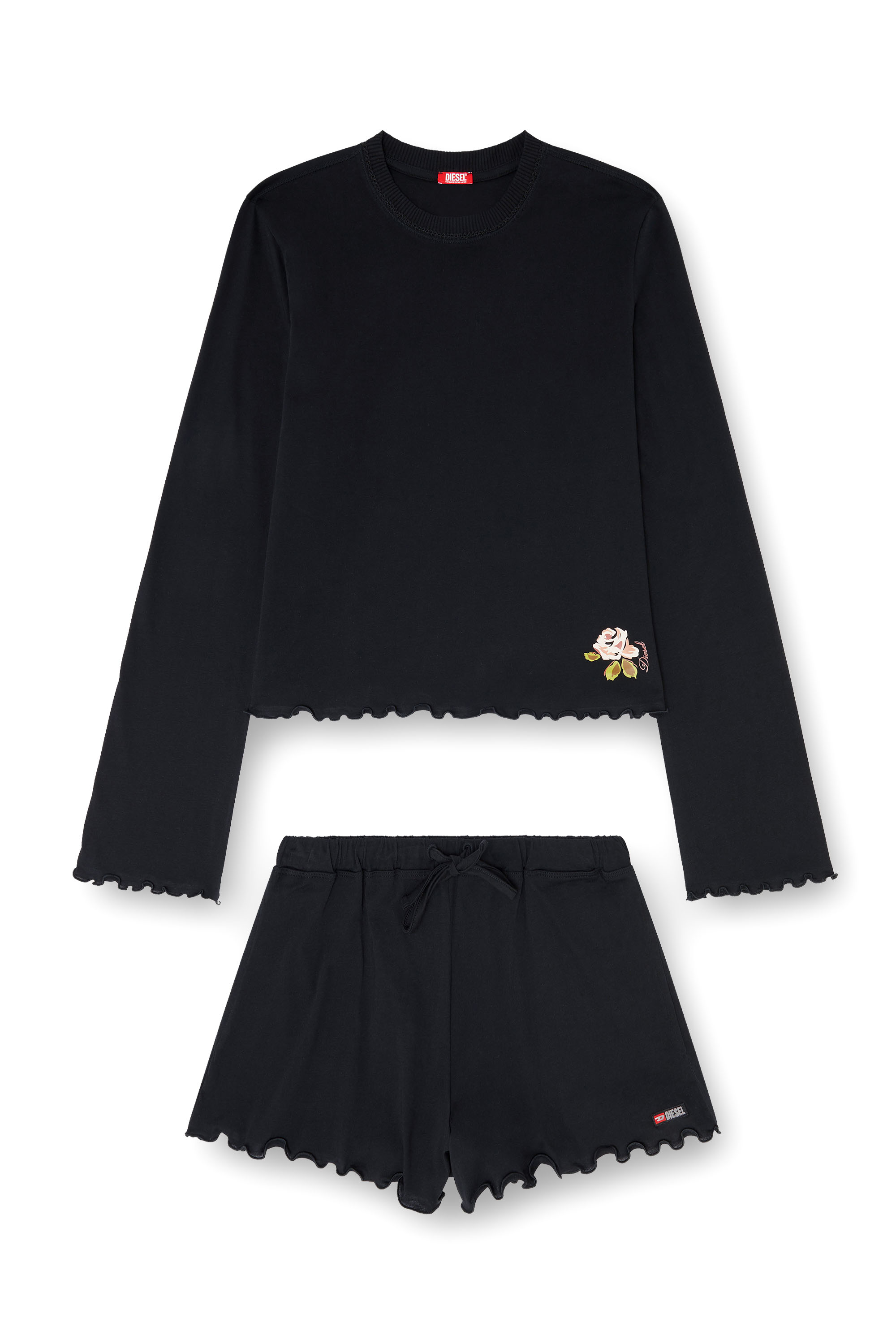 Diesel - SET-LORELAI-D-CORE, Damen Pyjama-Set aus Baumwolle mit Blumen-Detail in Schwarz - 2