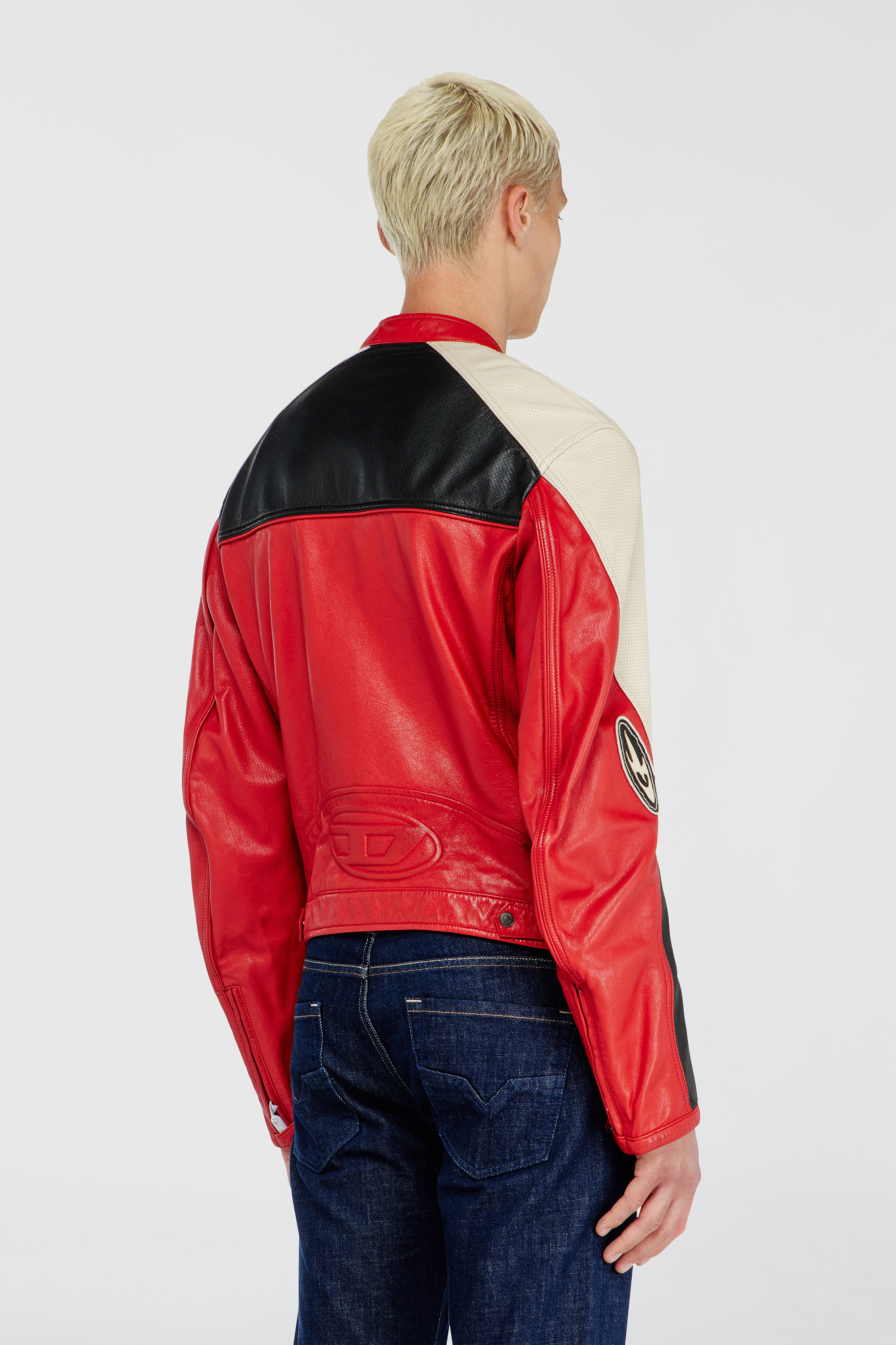 Diesel - L-AHTI, Herren Bikerjacke aus perforiertem Colour-Block-Leder in Beige/Rot - 4