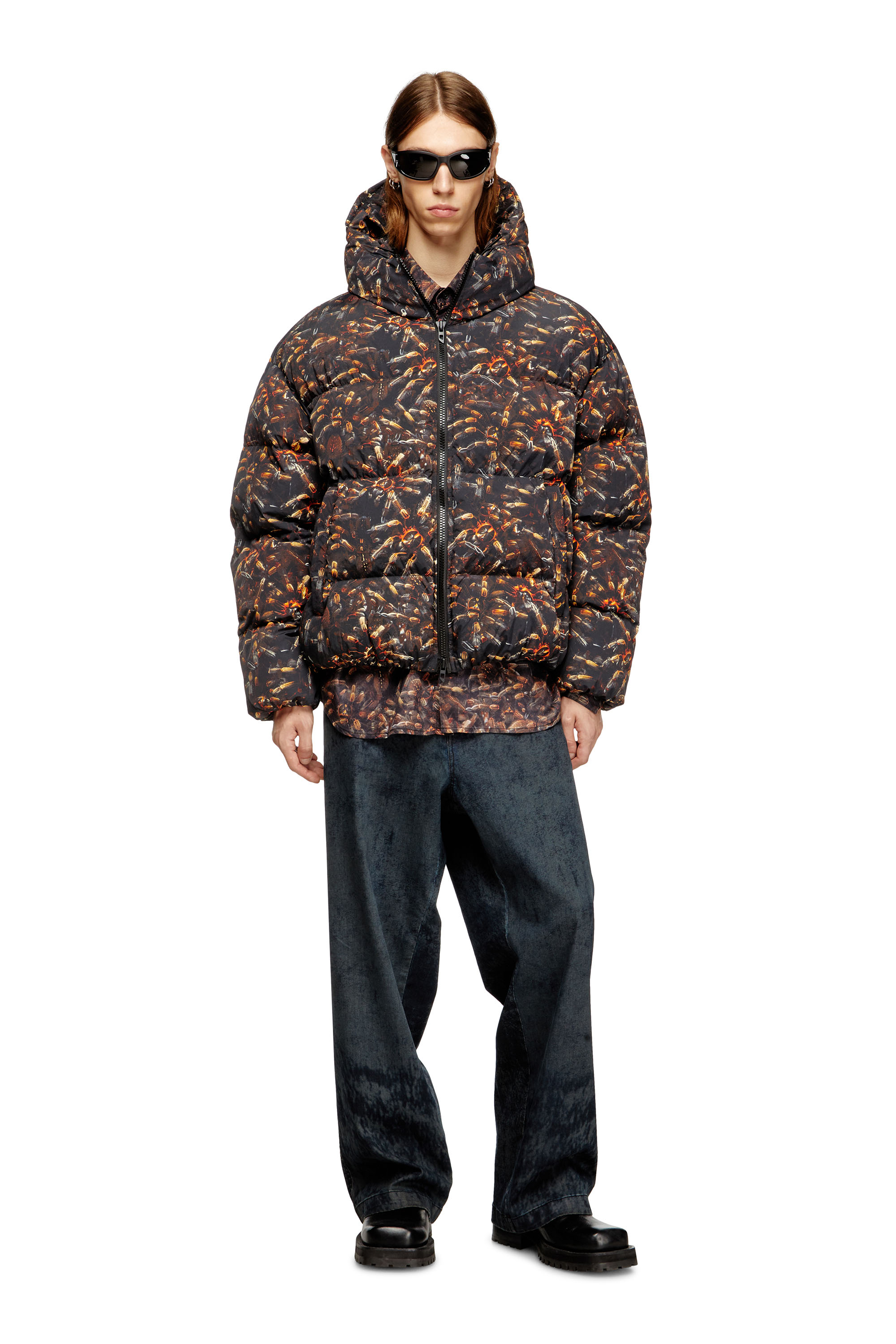 Diesel - W-SPIDER, Herren Daunen-Jacke mit Kapuze und Spinnen-Muster in Schwarz/Braun - 2