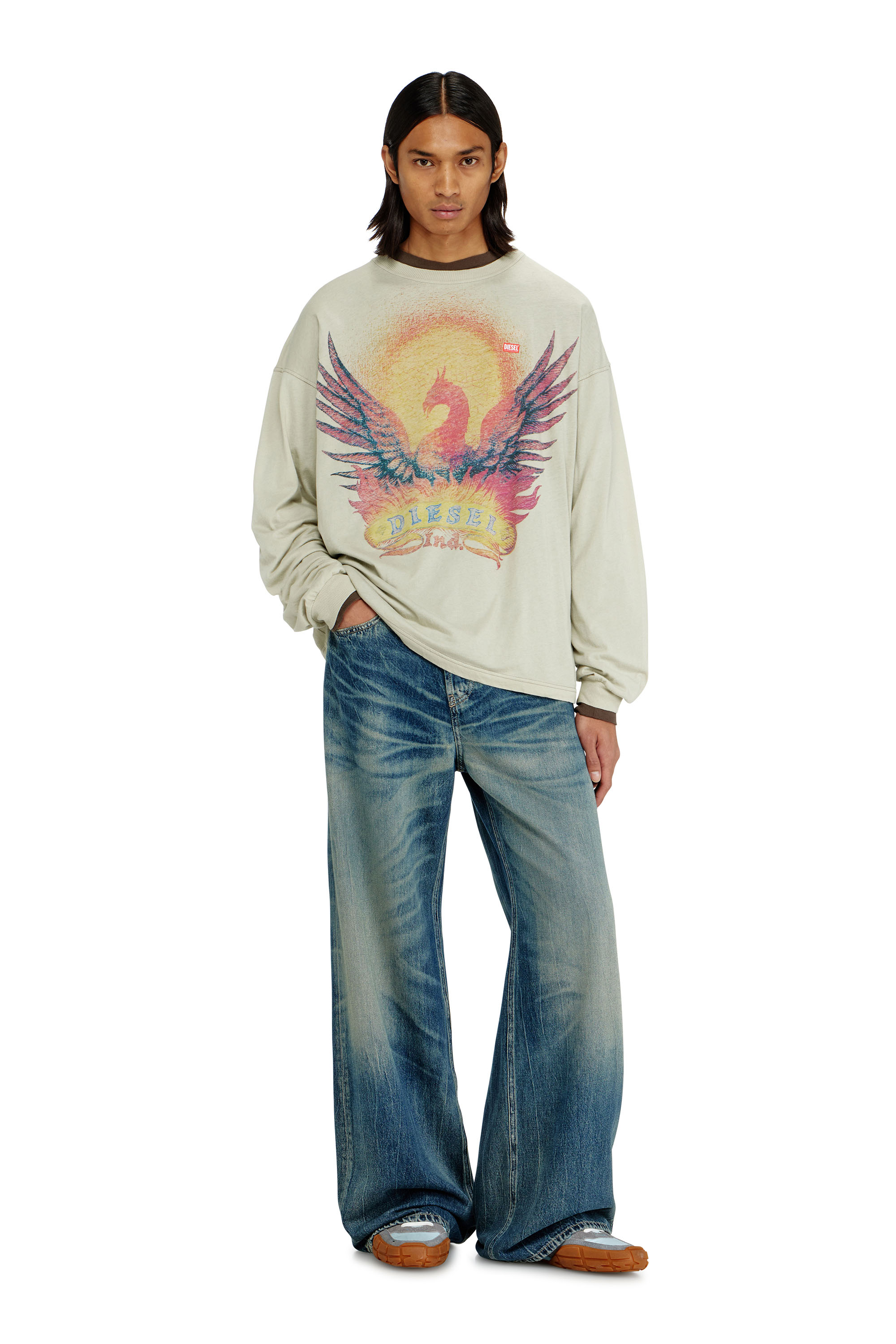 Diesel - T-BOXT-LS-AA1, Herren Langarm-T-Shirt mit Phoenix-Motiv in Beige - 1
