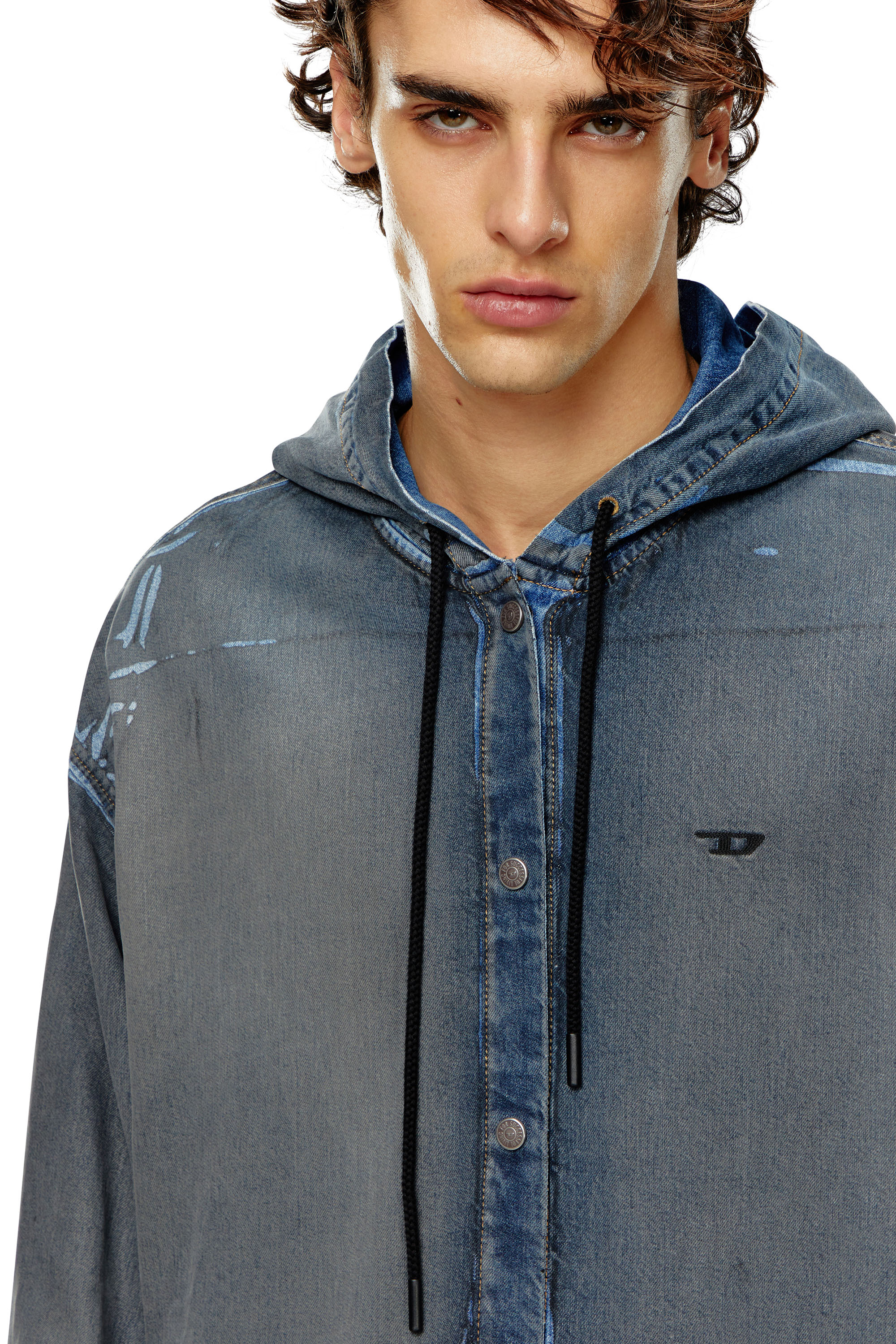 Diesel - D-DEWNY-HOOD-S1, Herren Hybridshirt aus beschichtetem vielgetragenem Denim in Dunkelblau - 5