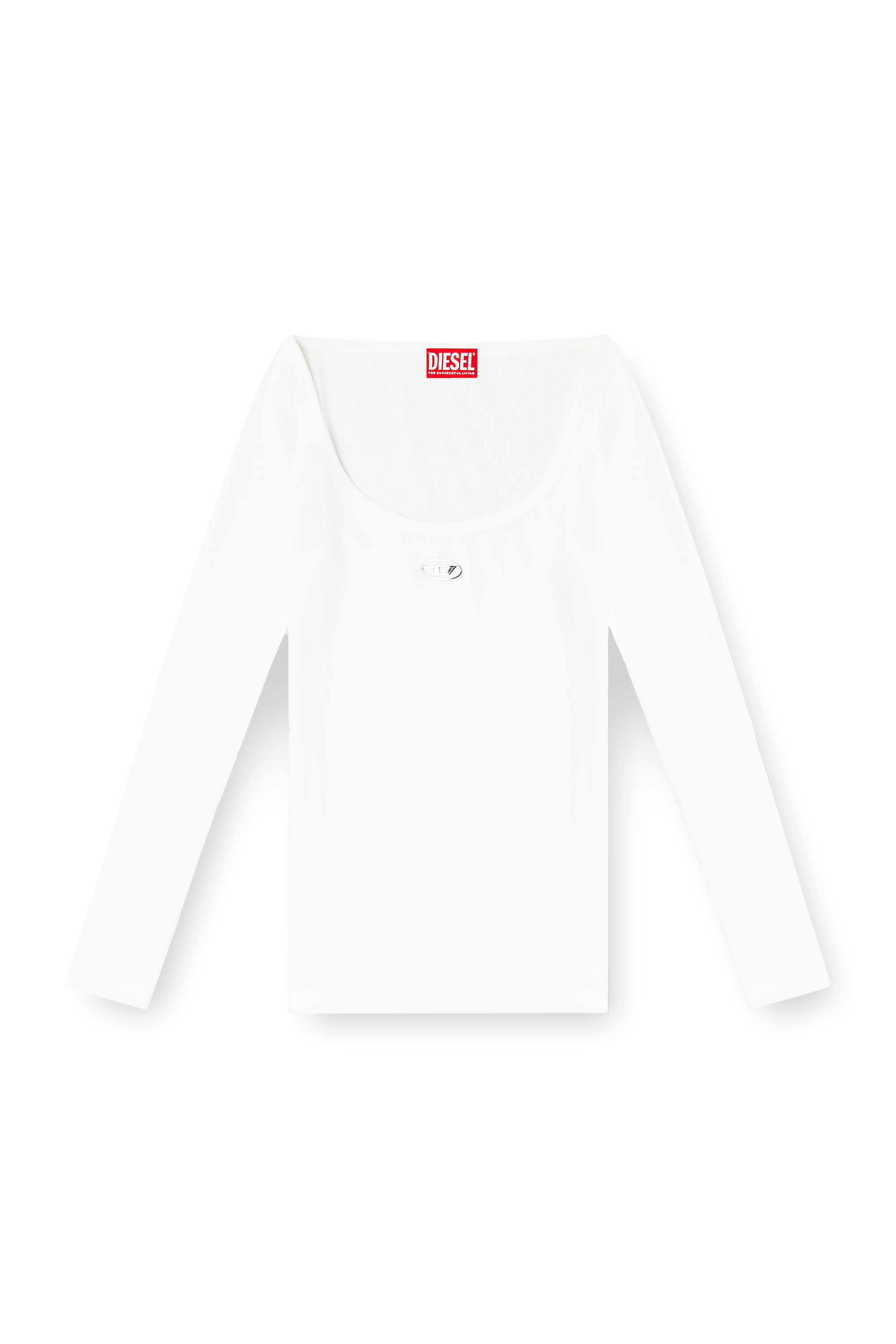 Diesel - T-BAL-OD, Damen Langärmliges, geripptes Oberteil mit metallischem Oval D in Weiß - 2