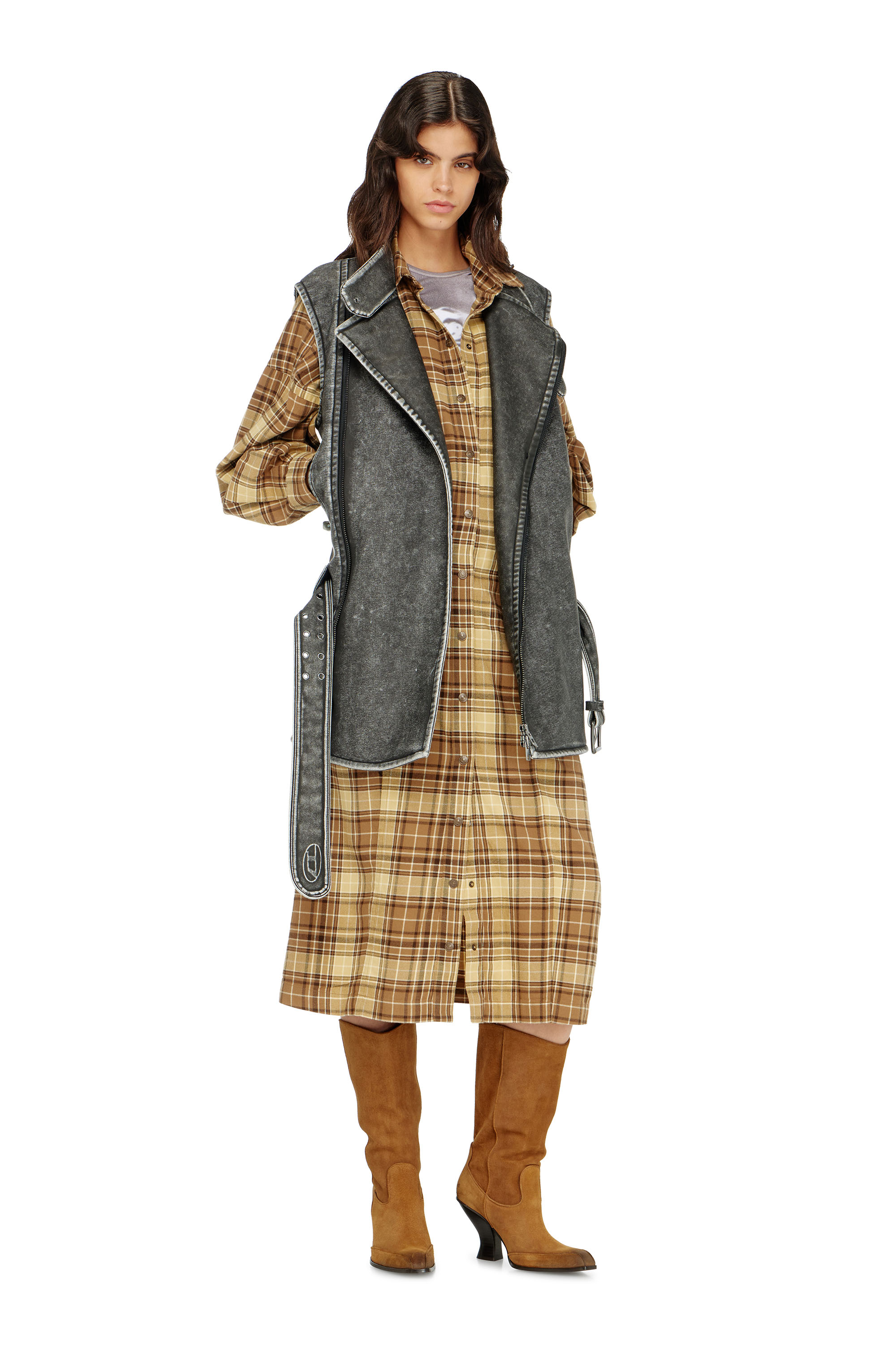 Diesel - D-EDALUS, Damen Midikleid aus kariertem Flanell mit breitem G&uuml;rtel in null - 2
