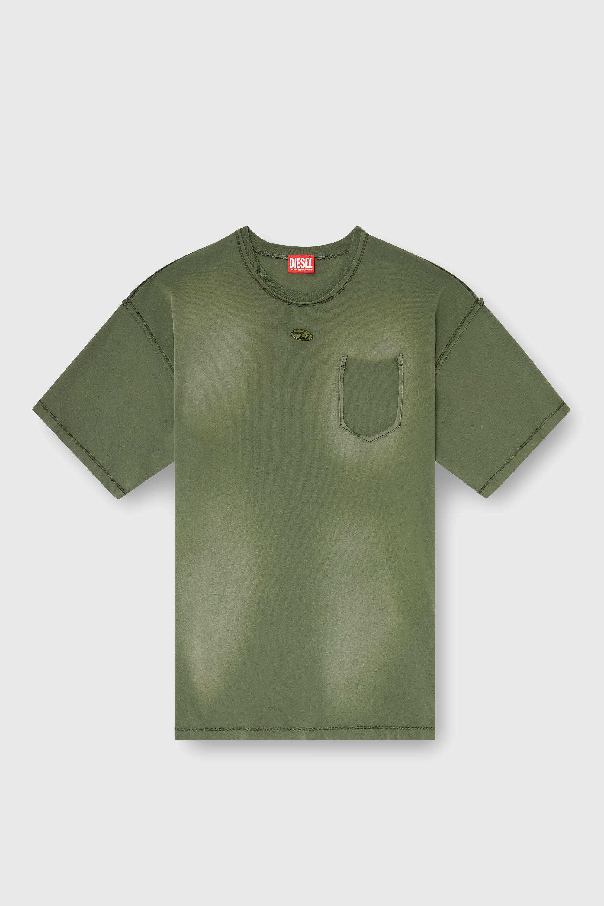 Diesel - T-POCK, Herren Verwaschenes T-Shirt mit zerrissener Brusttasche in Armeegr&uuml;n - 2
