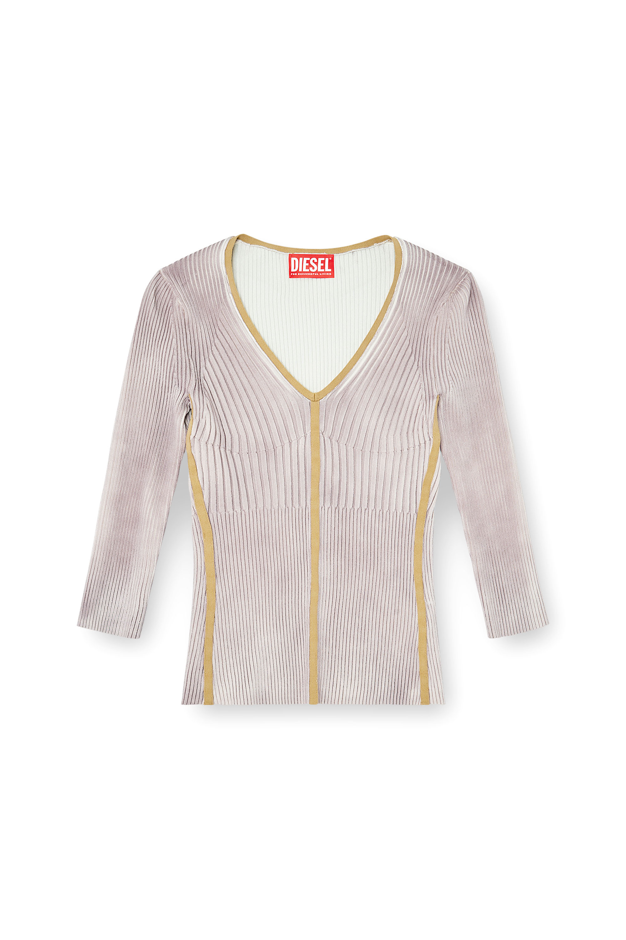 Diesel - M-SARMANI, Damen Gerippter V-Ausschnitt-Pullover mit kontrastierenden Streifen in Lila - 3