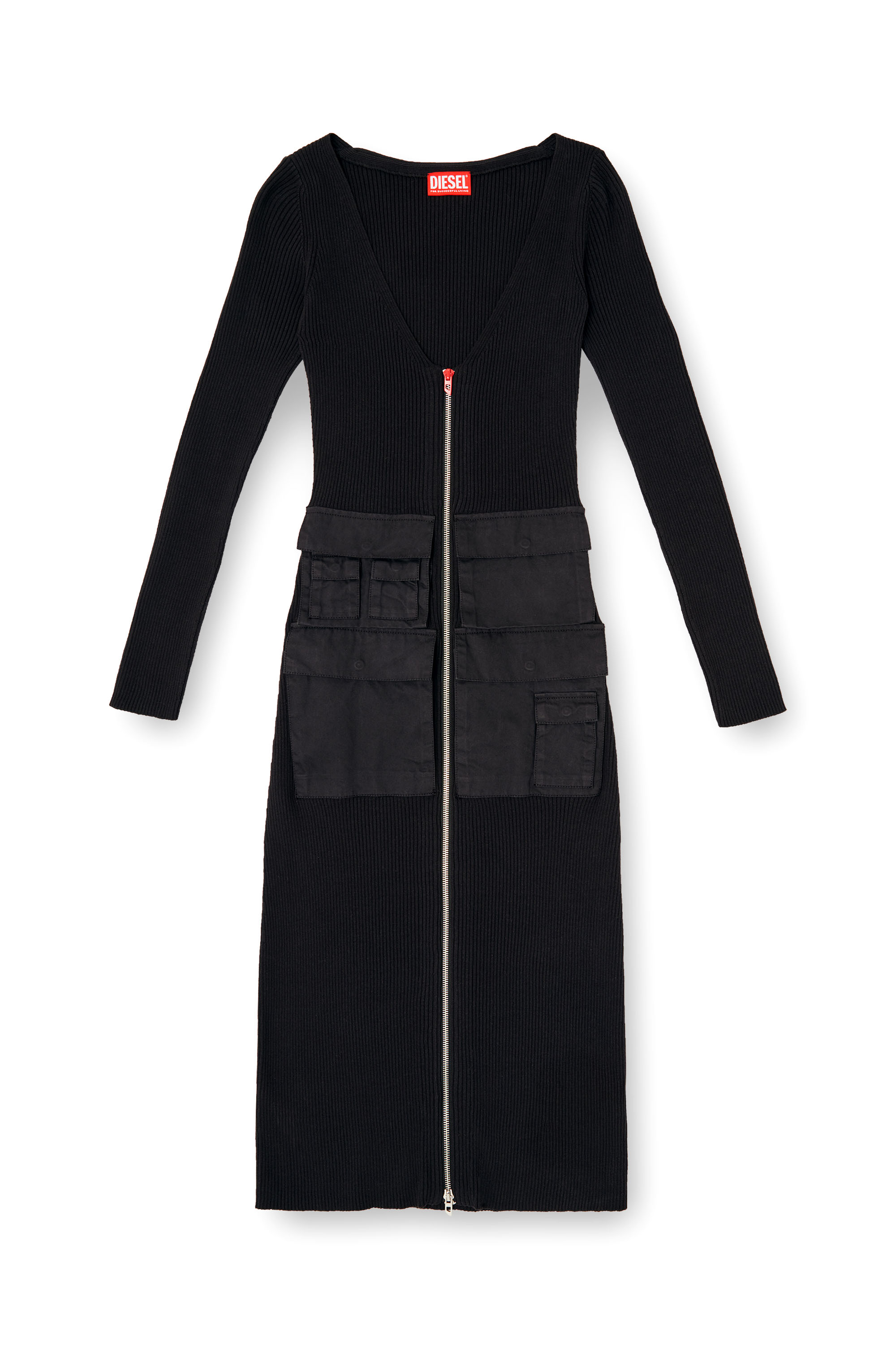 Diesel - M-MELTI-LS, Damen Geripptes Midikleid mit Cargotaschen in Schwarz - 2