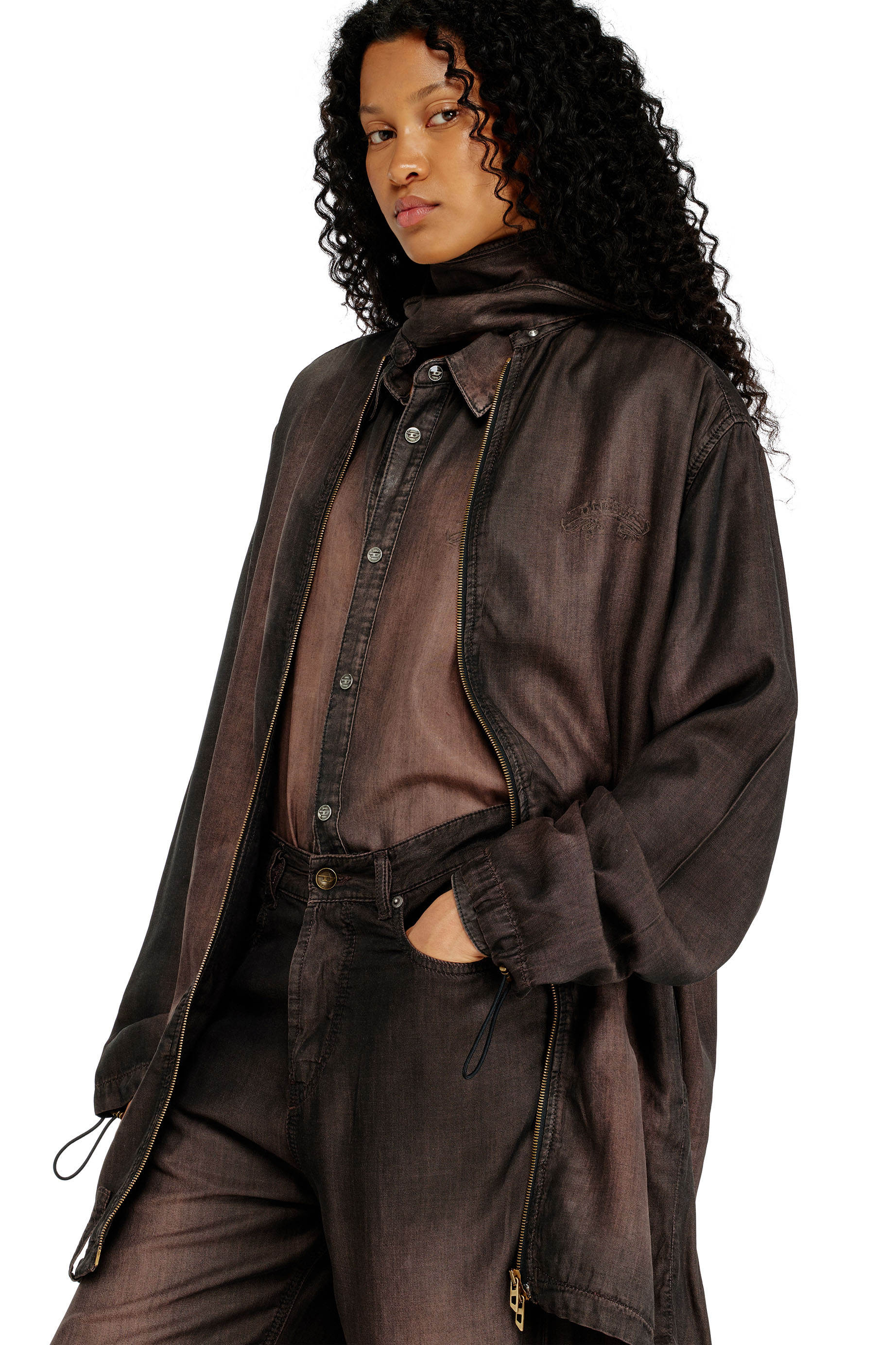 Diesel - DE-TROIT-S, Woman's Light jacket in fluid coated denim in Brown - 5