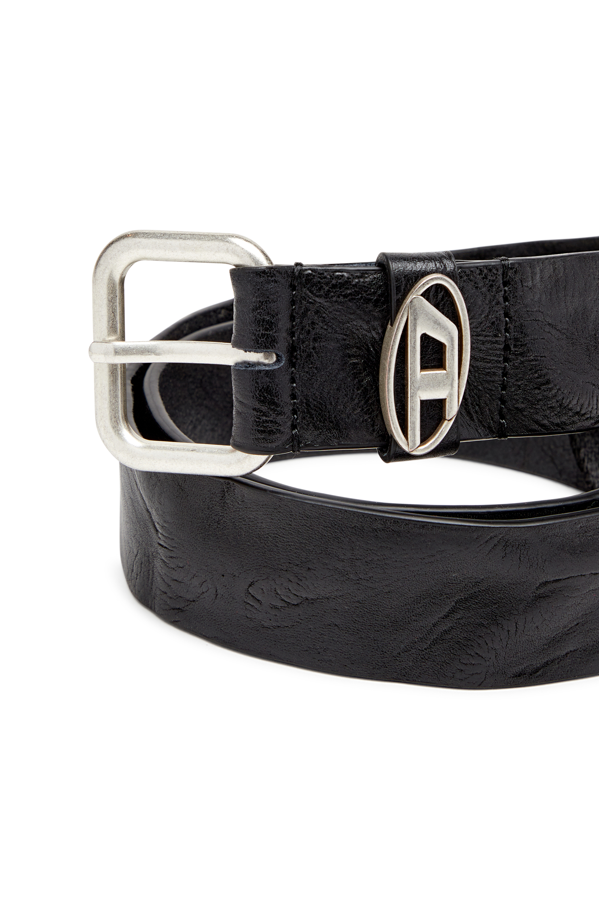 Diesel - B-1DR OVAL D LOOP, Unisex Gürtel aus Knitter-Leder mit Logo-Plakette in Schwarz - 3