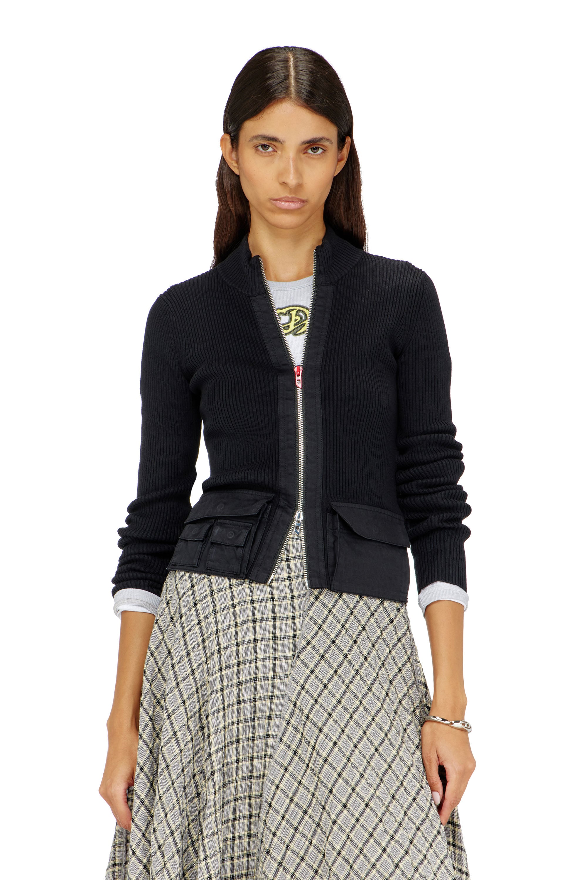 Diesel - M-MELISSA, Damen Geripptes Cardigan mit Cargotaschen in Schwarz - 1