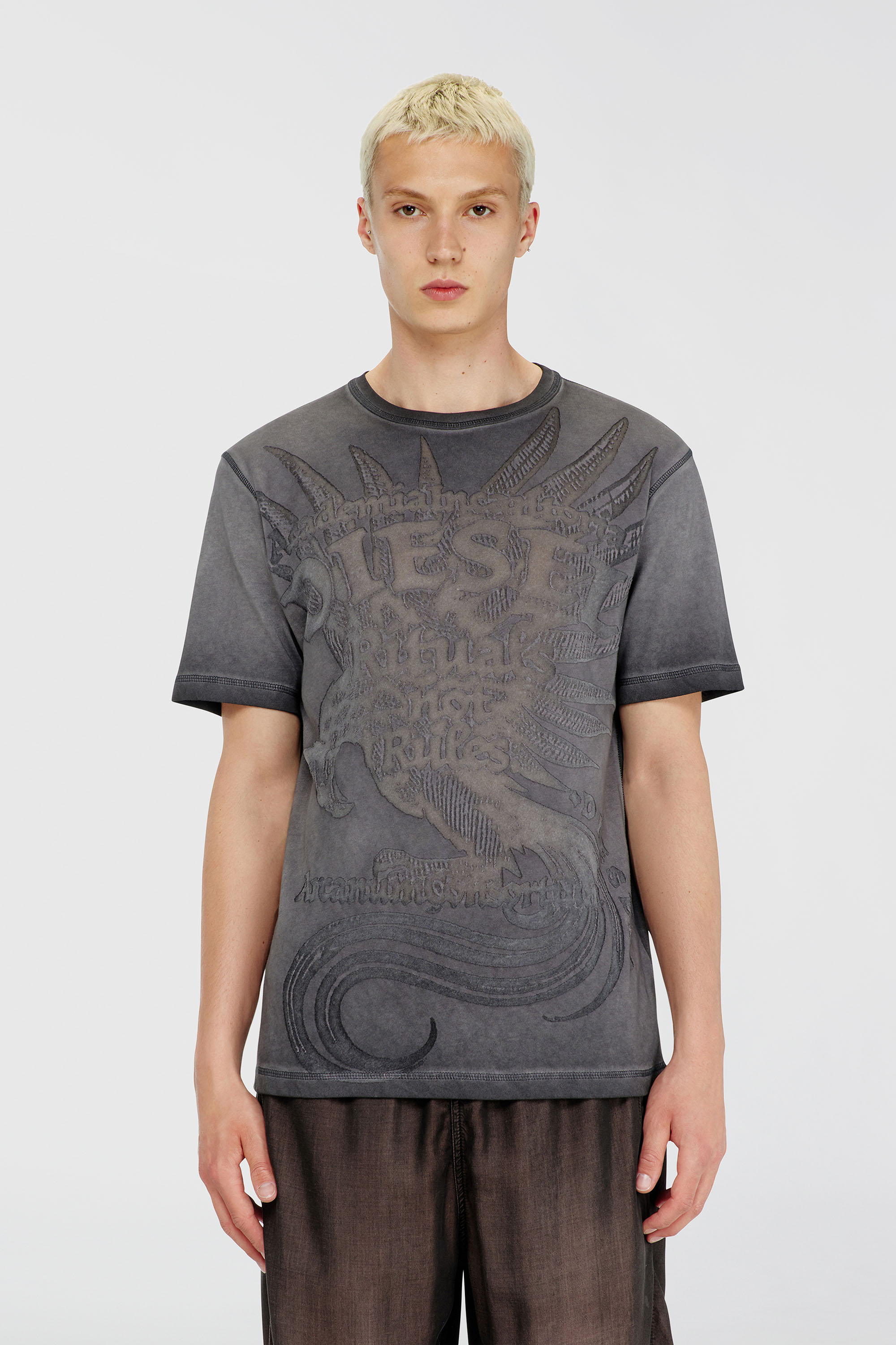 Diesel - T-RAWJUST-AA1, Herren Jersey-T-Shirt mit gepr&auml;gtem Motiv in Dunkelgrau - 1