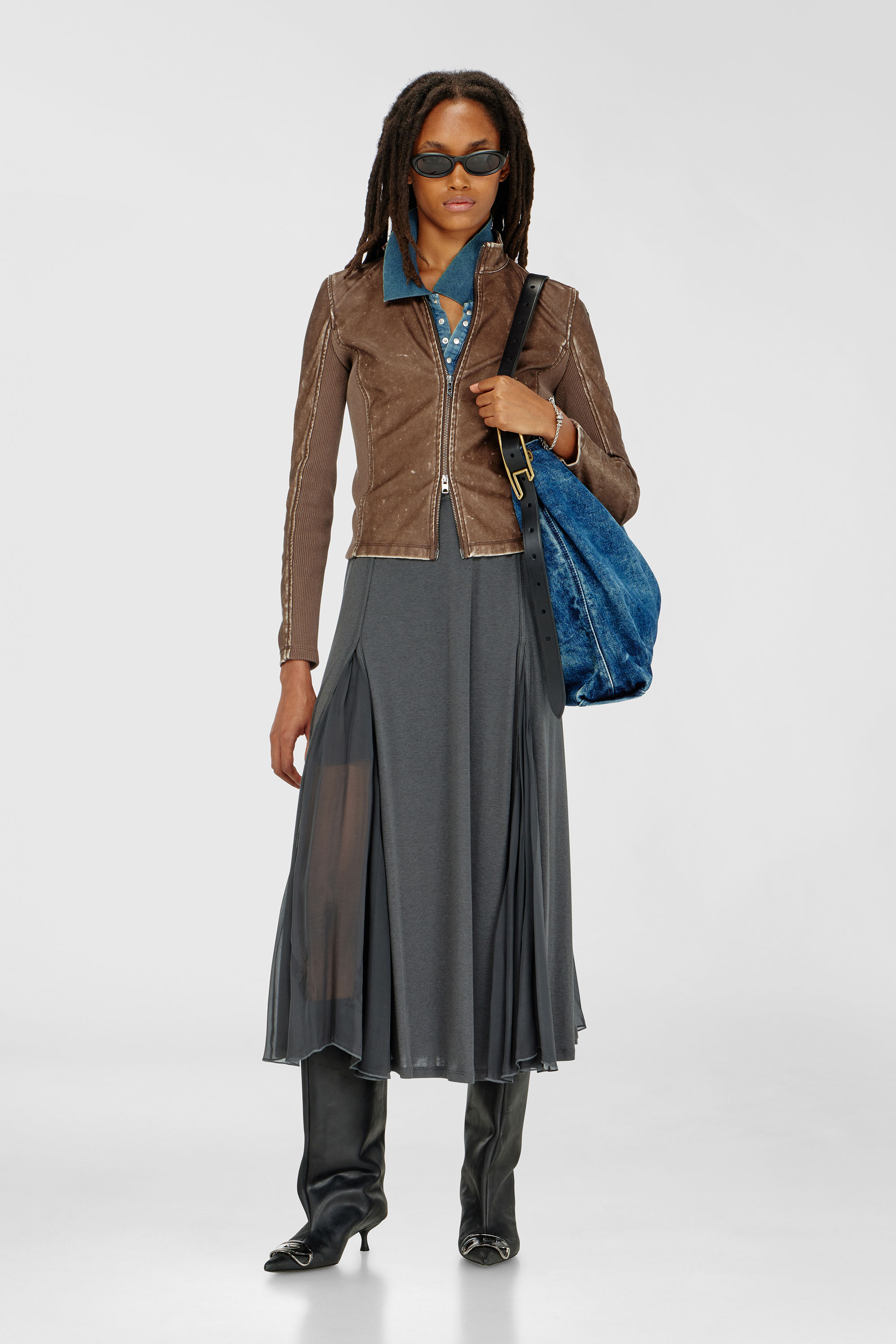 Diesel - O-LONGREI, Damen Midirock aus Rippjersey und Chiffon in Grau - 1