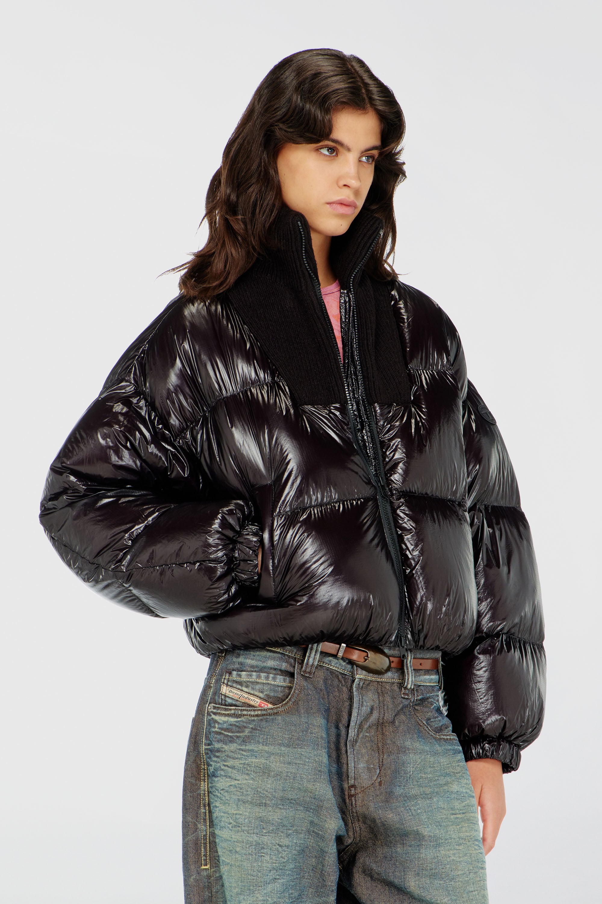 Diesel - W-ARRIOR, Damen Daunen-Steppjacke aus Ripstop mit Strickkragen in Schwarz - 3