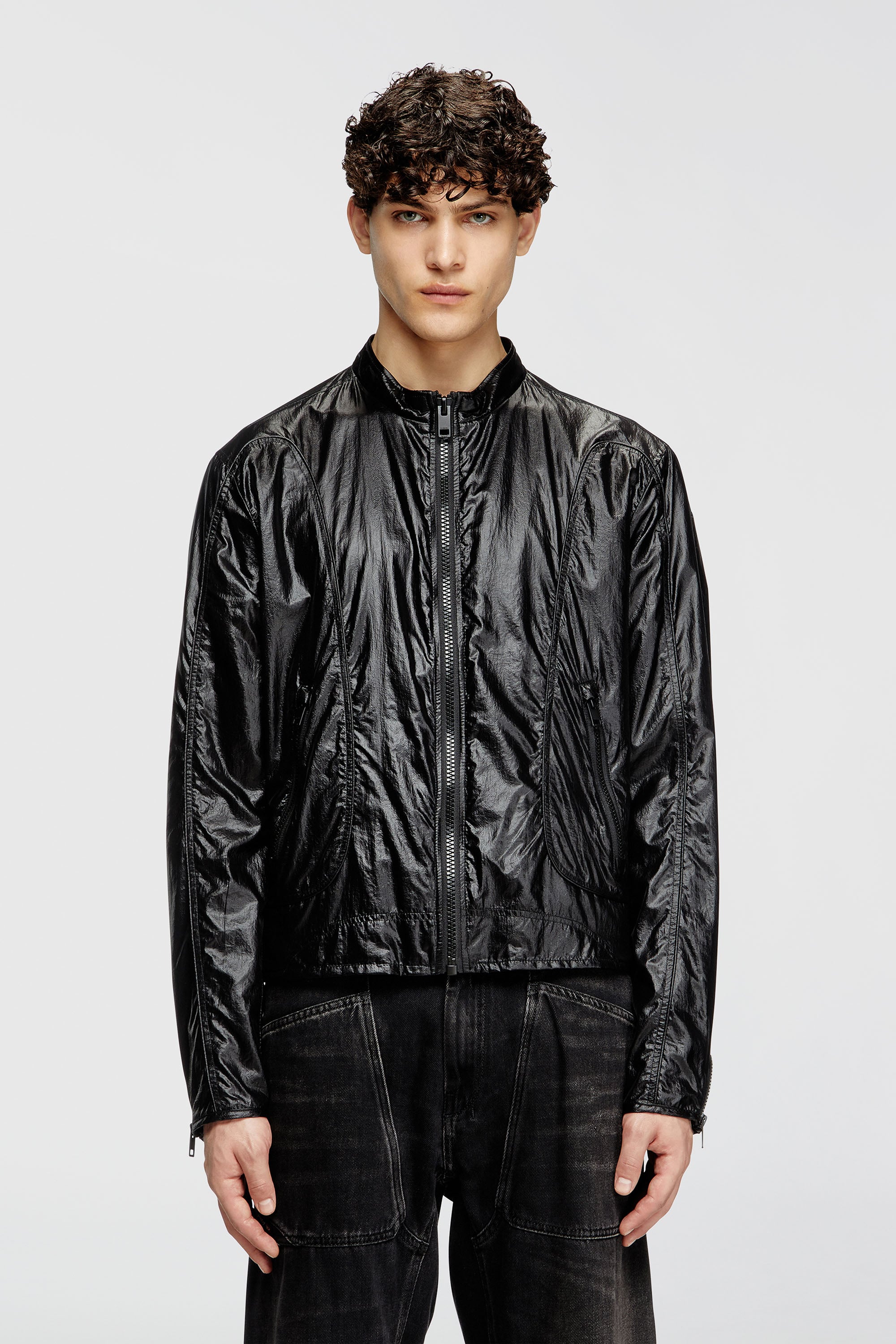 Diesel - J-CLAYS, Herren Biker-Jacke aus gl&auml;nzendem Ripstop in Schwarz - 1