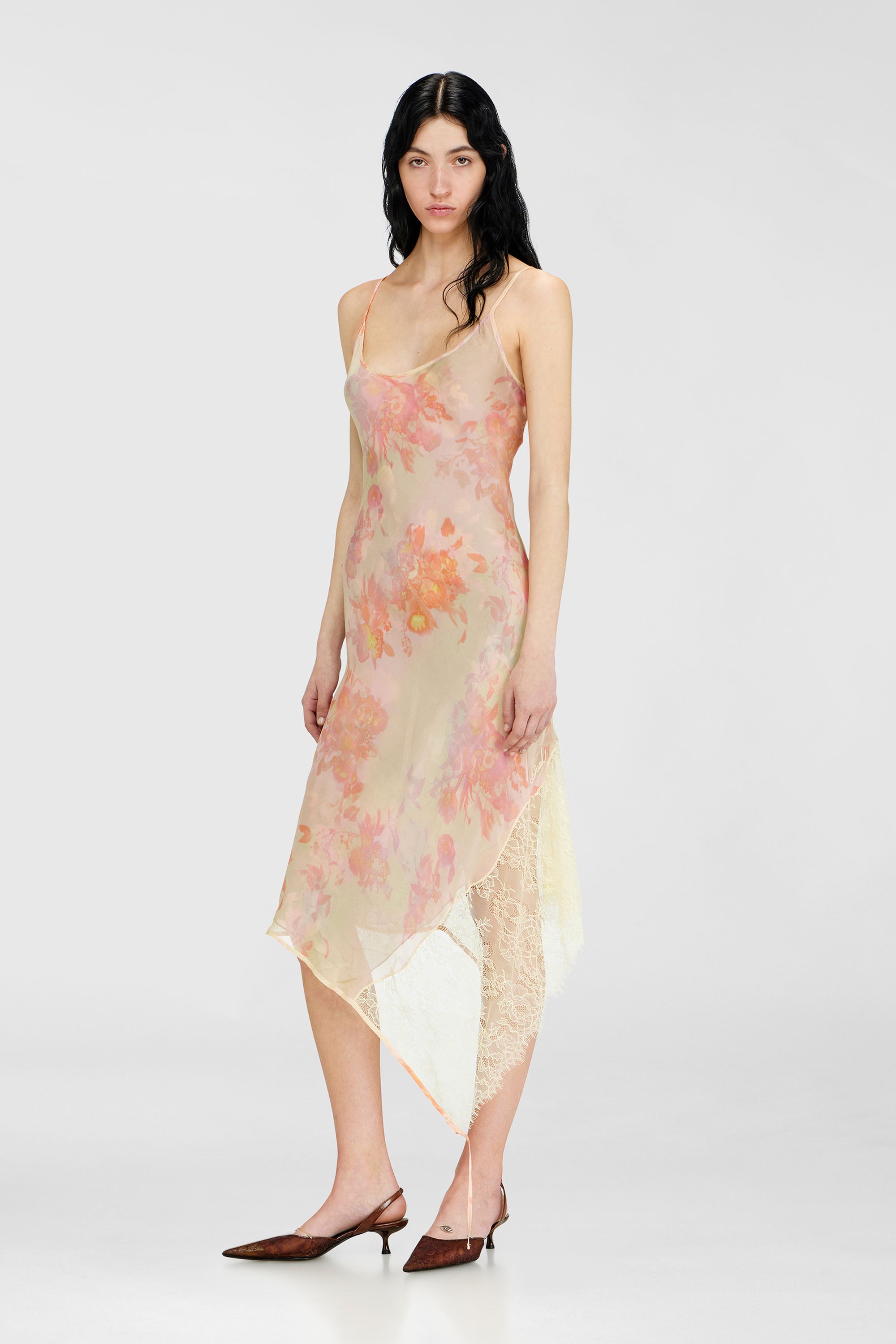 Diesel - D-ANCEL, Damen Midikleid aus Satin mit Blumenmuster und Spitzenbesatz in Rosa/Gelb - 3