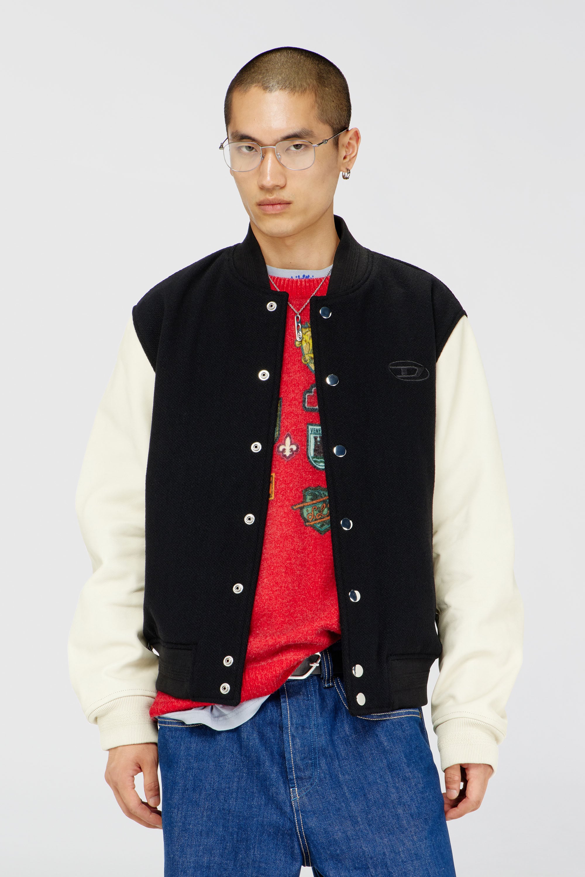 Diesel - L-ARRY-WRD, Herren Bomberjacke aus Wollmischung und Leder in Schwarz/Weiss - 1