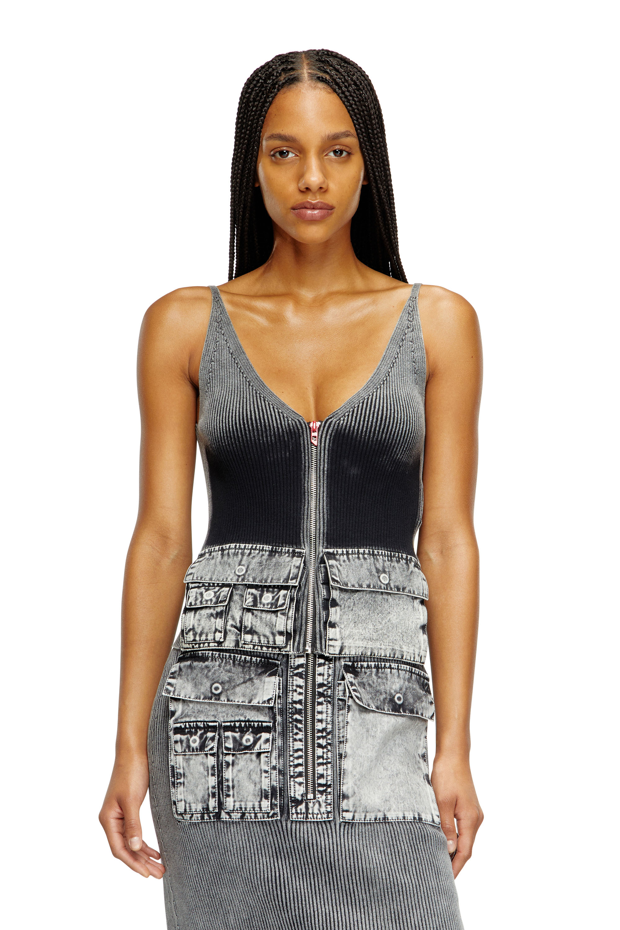 Diesel - M-MELLY, Damen Tanktop aus Strick mit Cargotaschen aus Denim in Dunkelgrau - 1