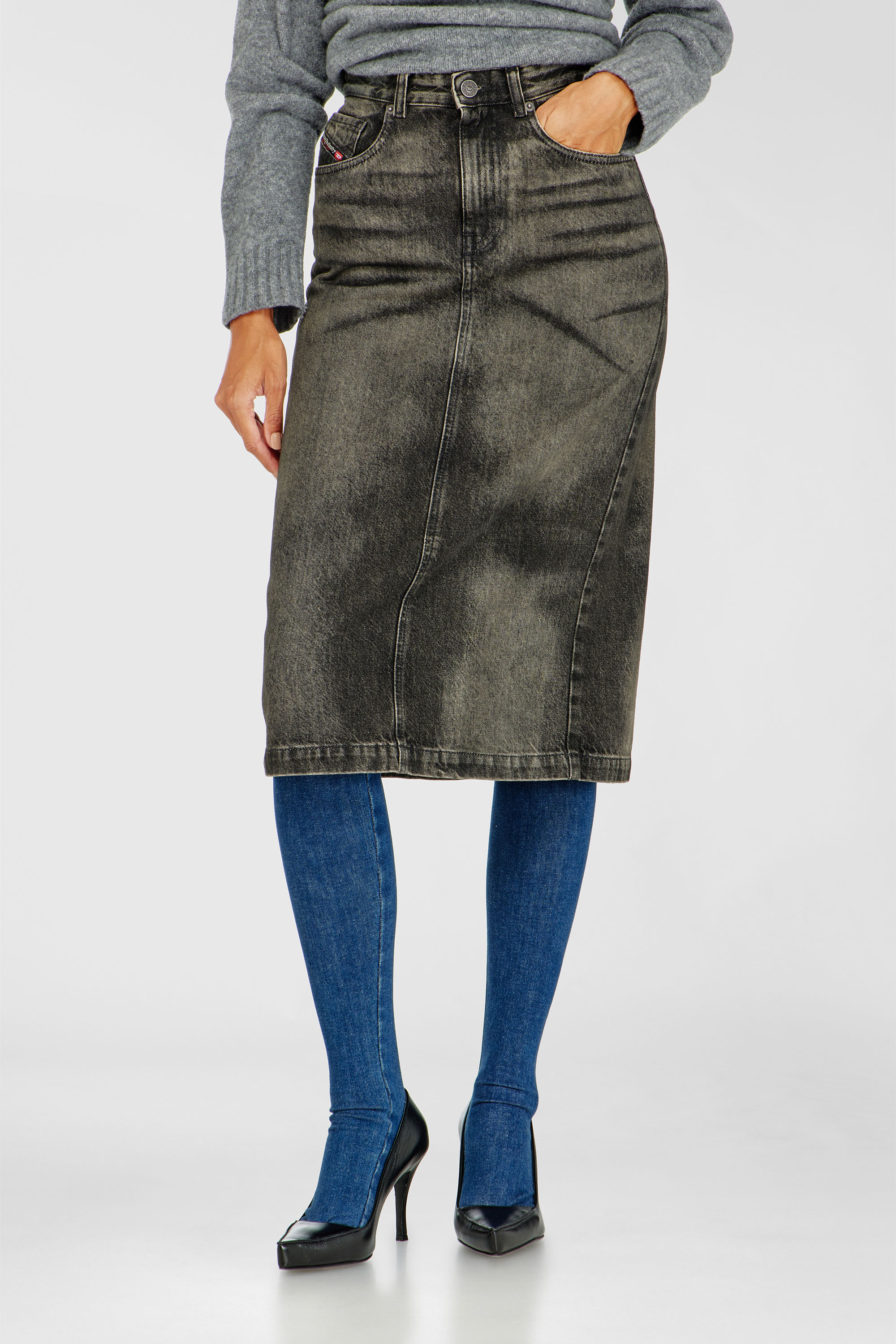 Diesel - DE-PENDY-FSJ, Damen Bleistiftrock aus Denim mit Dirty-Effekt in Dunkelgrau - 1
