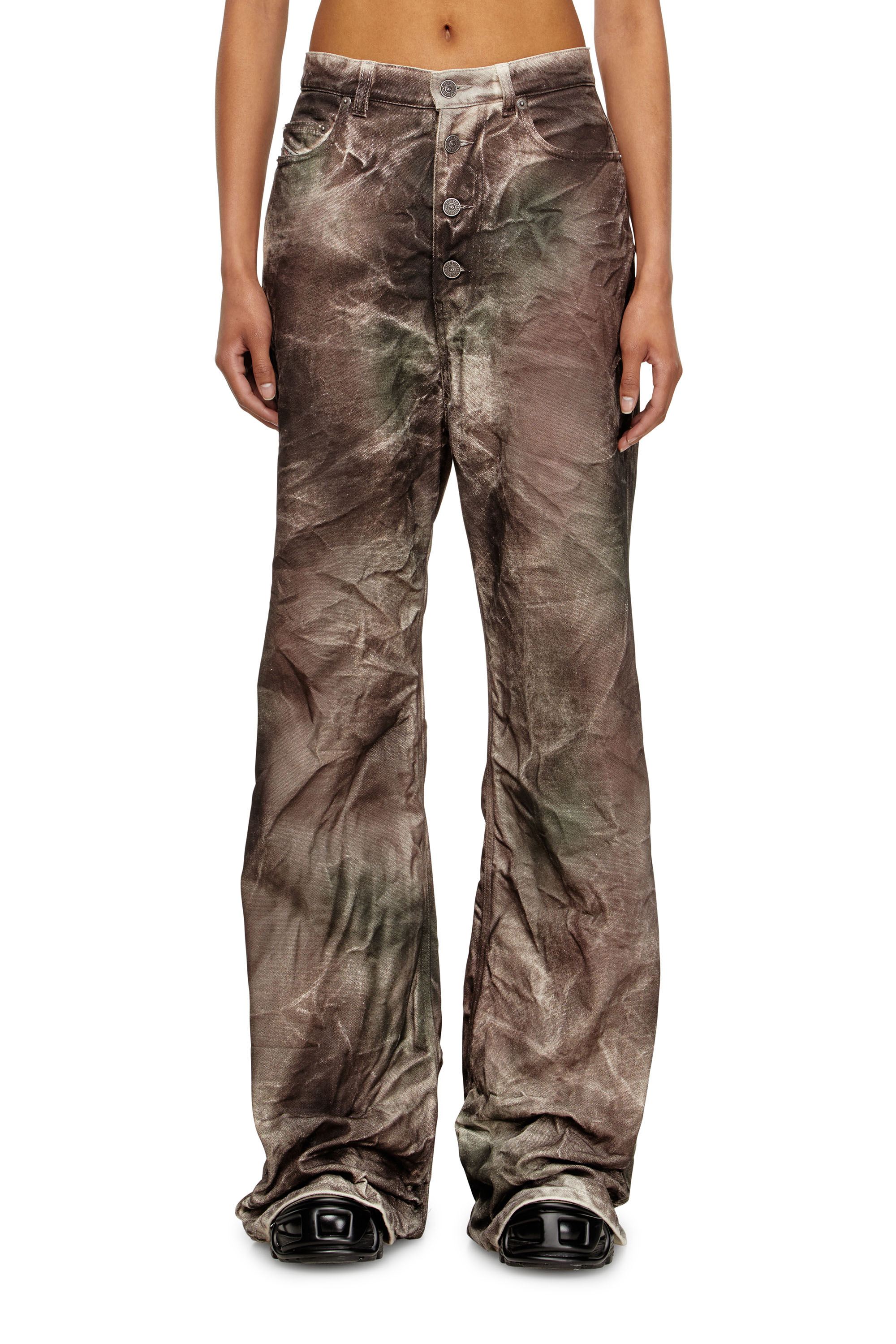 Diesel - P-THUG-PANT, Unisex Hose aus zerknittertem Tarnleinwandstoff in Braun/Grün - 1