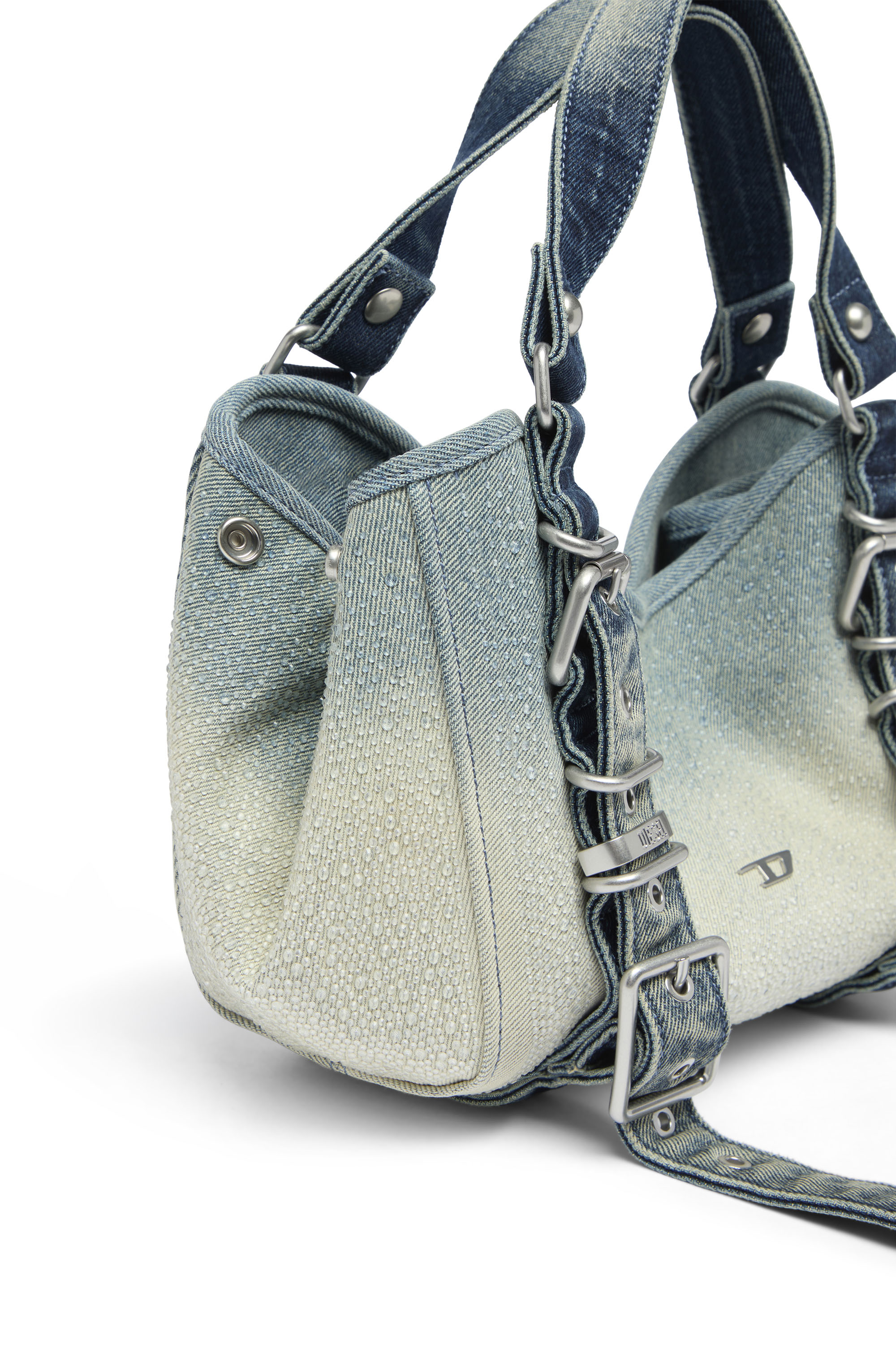 Diesel - D-ONE TOPHANDLE S, Damen D-One-Small Henkeltasche aus solarisiertem Denim mit Kristallen in Blau - 6