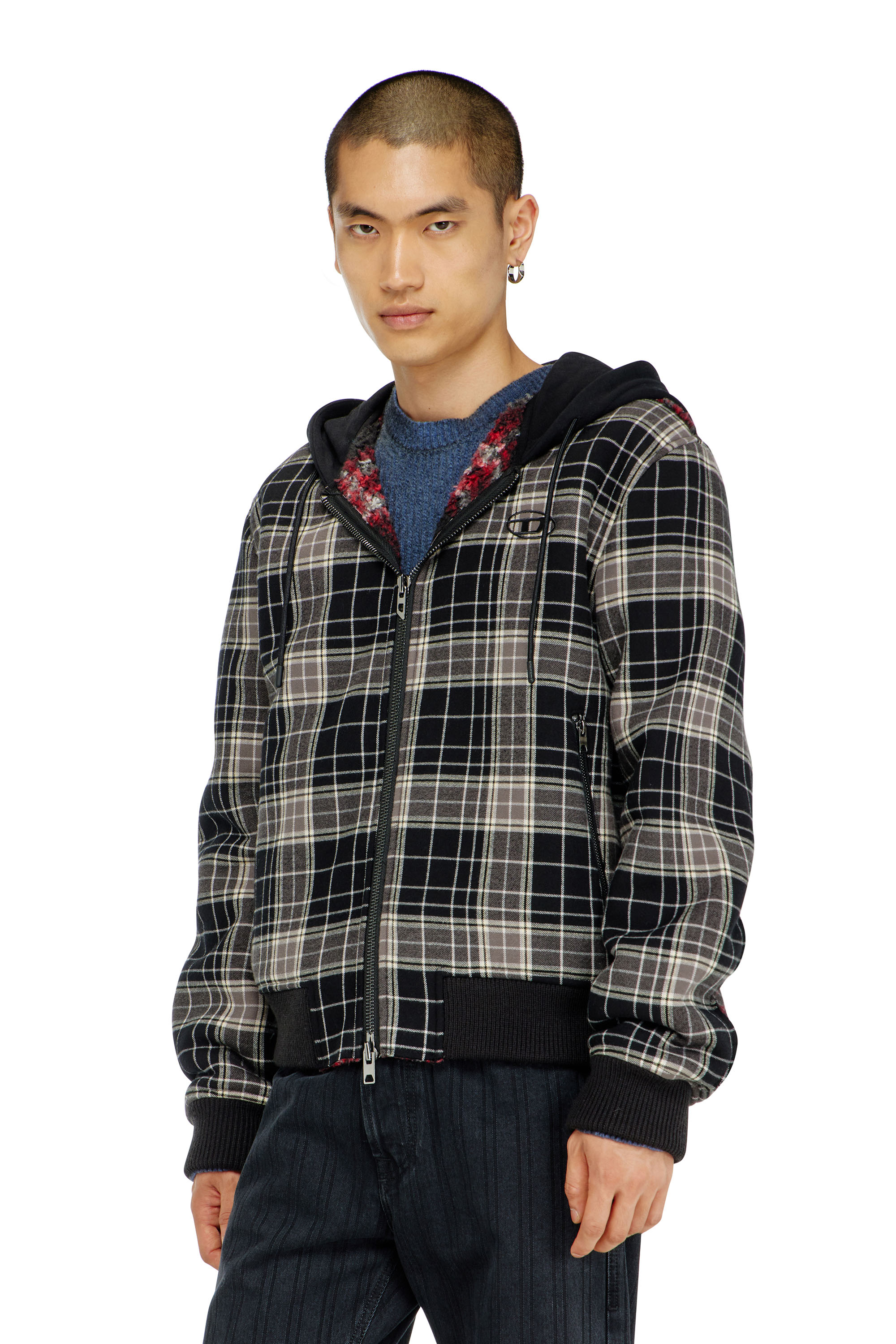 Diesel - W-KUNST, Herren Karo - Karo-bomberjacke mit flanellmuster und teddyfutter in Grau/Schwarz - 3