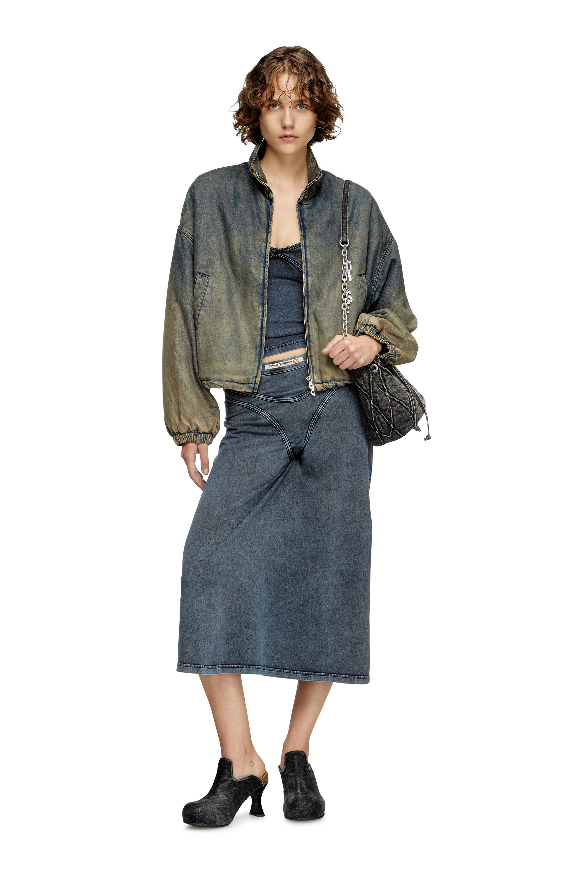 Diesel - O-ALLINE, Damen Midi-Rock aus Jersey in Denim-Optik in Dunkelblau - 2