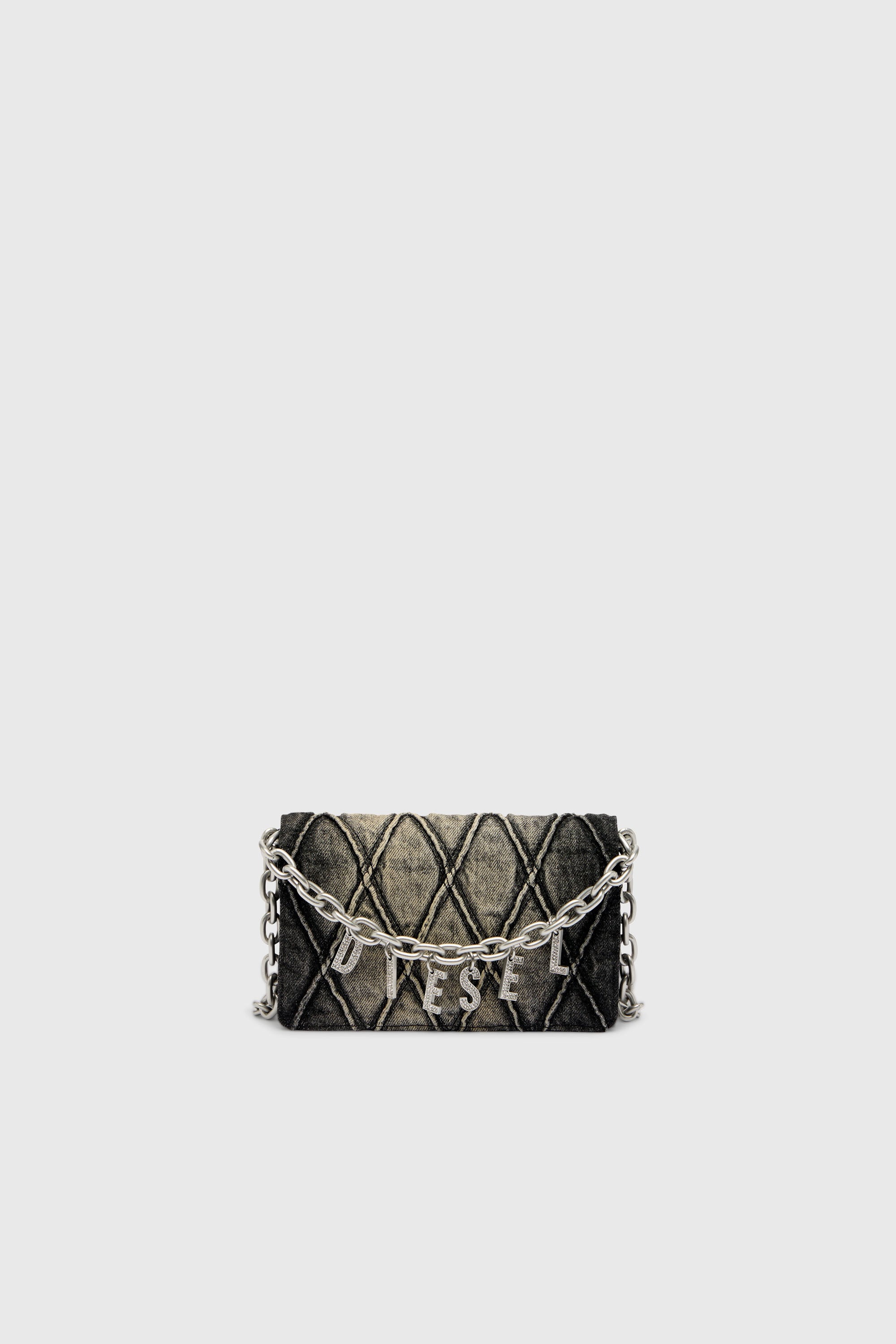 Diesel - CHARM-D WALLET STRAP, Damen Portemonnaie-Tasche aus gestepptem Argyle-Denim in Schwarz - 1