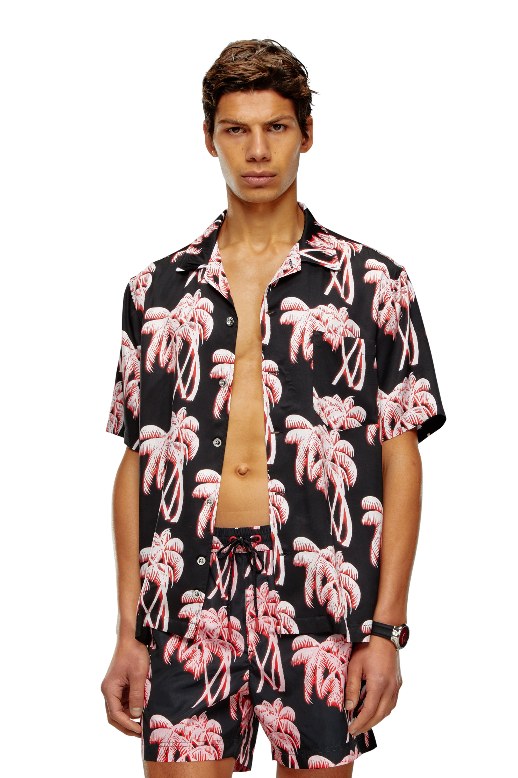 Diesel - BMOWT-ADRIAN, Herren Strandshirt mit Palmen-Print in Schwarz/Rosa - 1
