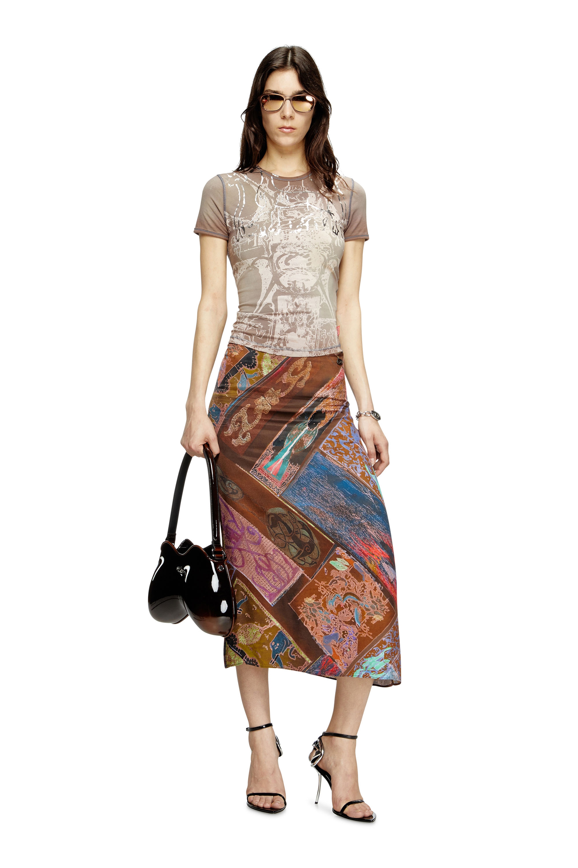 Diesel - T-UNCUTIES-LONG-R6, Woman's T-shirt with foil print in Light Brown - 1