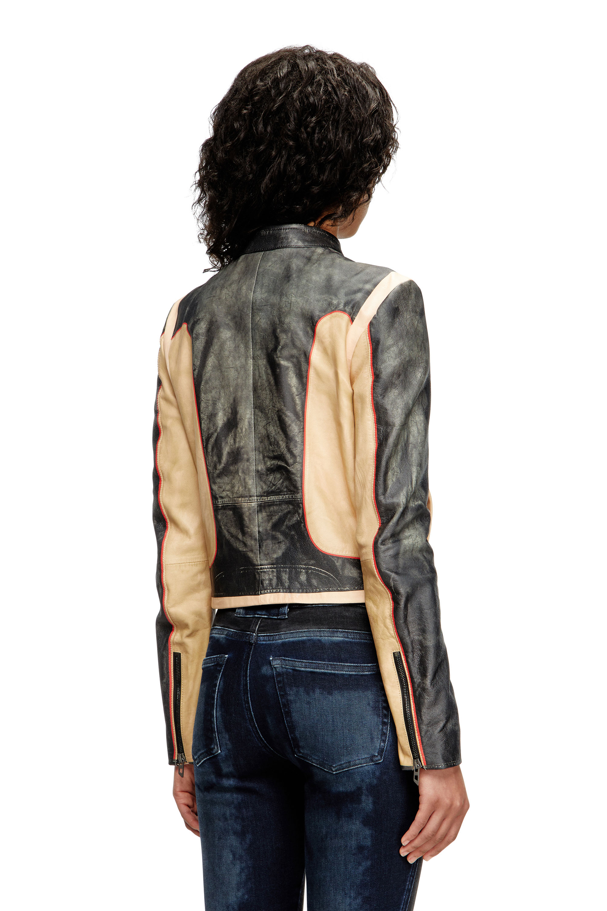 L-OONIE, Beige/Schwarz Diesel - L-OONIE, Damen Bikerjacke aus Leder in Trompe l'œil-Optik in Beige/Schwarz - 4