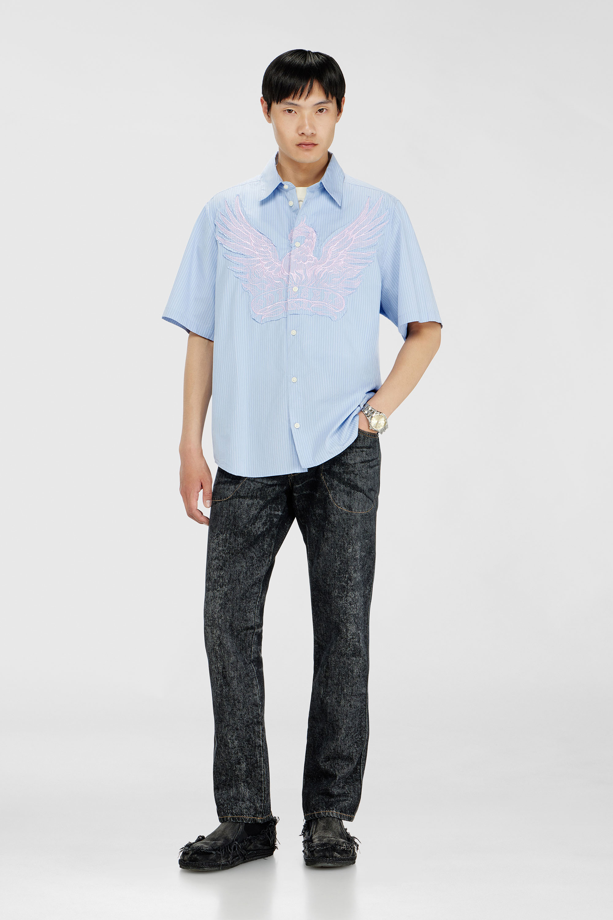 Diesel - S-SIMPLY-SS-AGCZ, Herren Gestreiftes Popeline-Hemd mit Stickpatch in Hellblau - 1