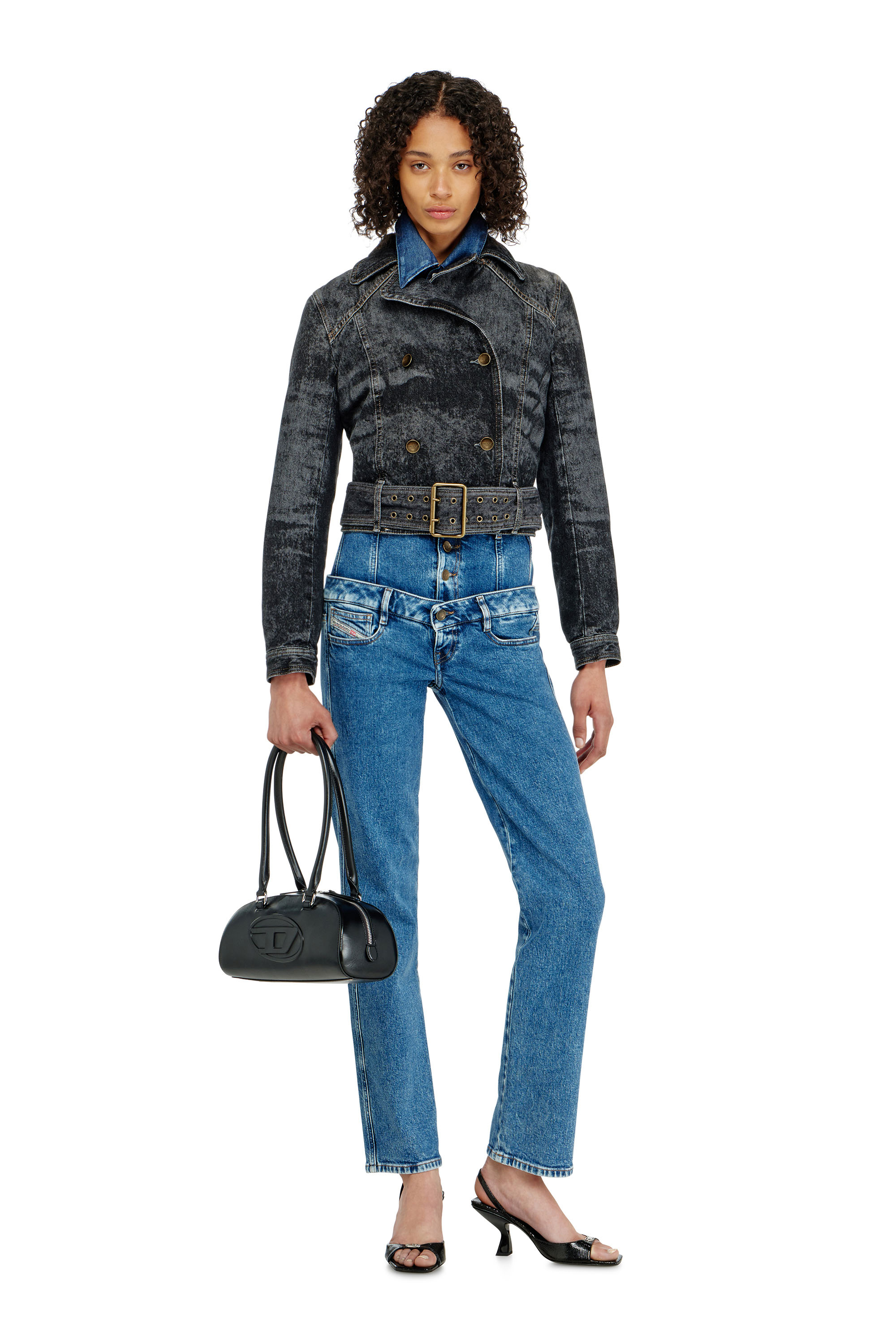 Diesel - DE-LEGEND-S, Woman's Cropped denim jacket with belt in Black/Dark grey - 1
