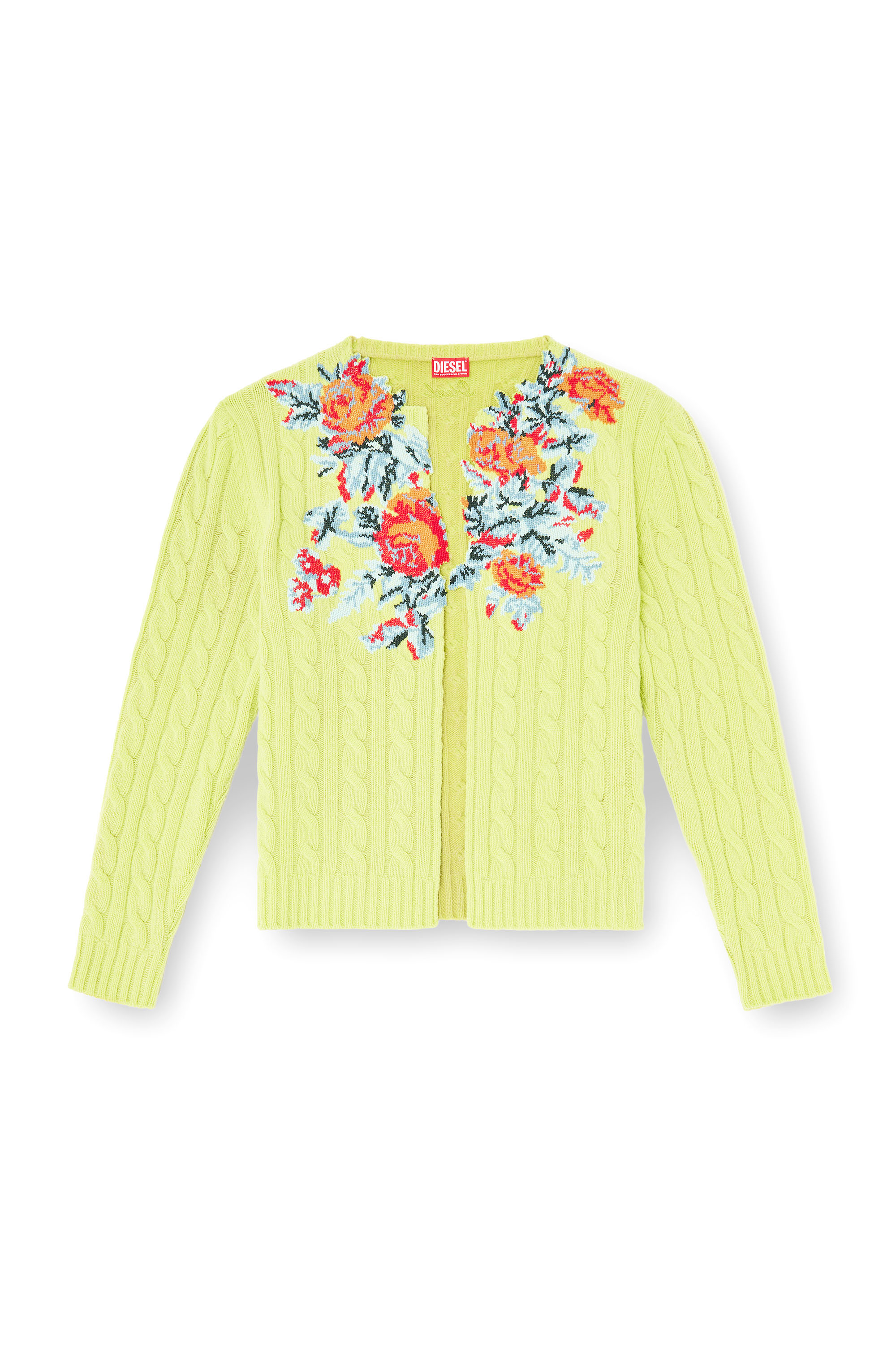 Diesel - K-RINO, Herren Offener Cardigan aus floraler Zopfmusterstrick in Neongr&uuml;n - 2