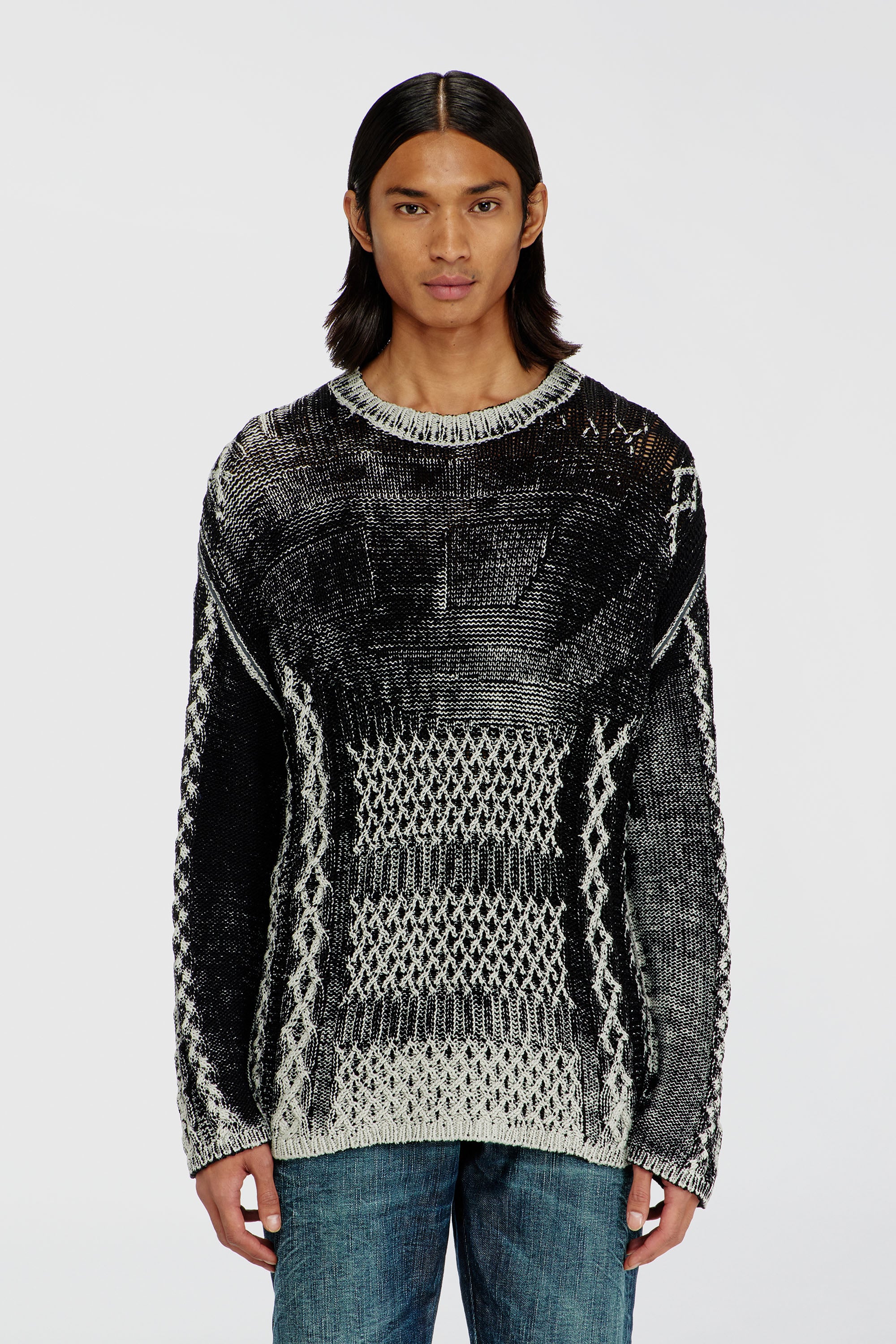 Diesel - K-MIONE, Man's Treated cable-knit jumper in Grey/Black - 3