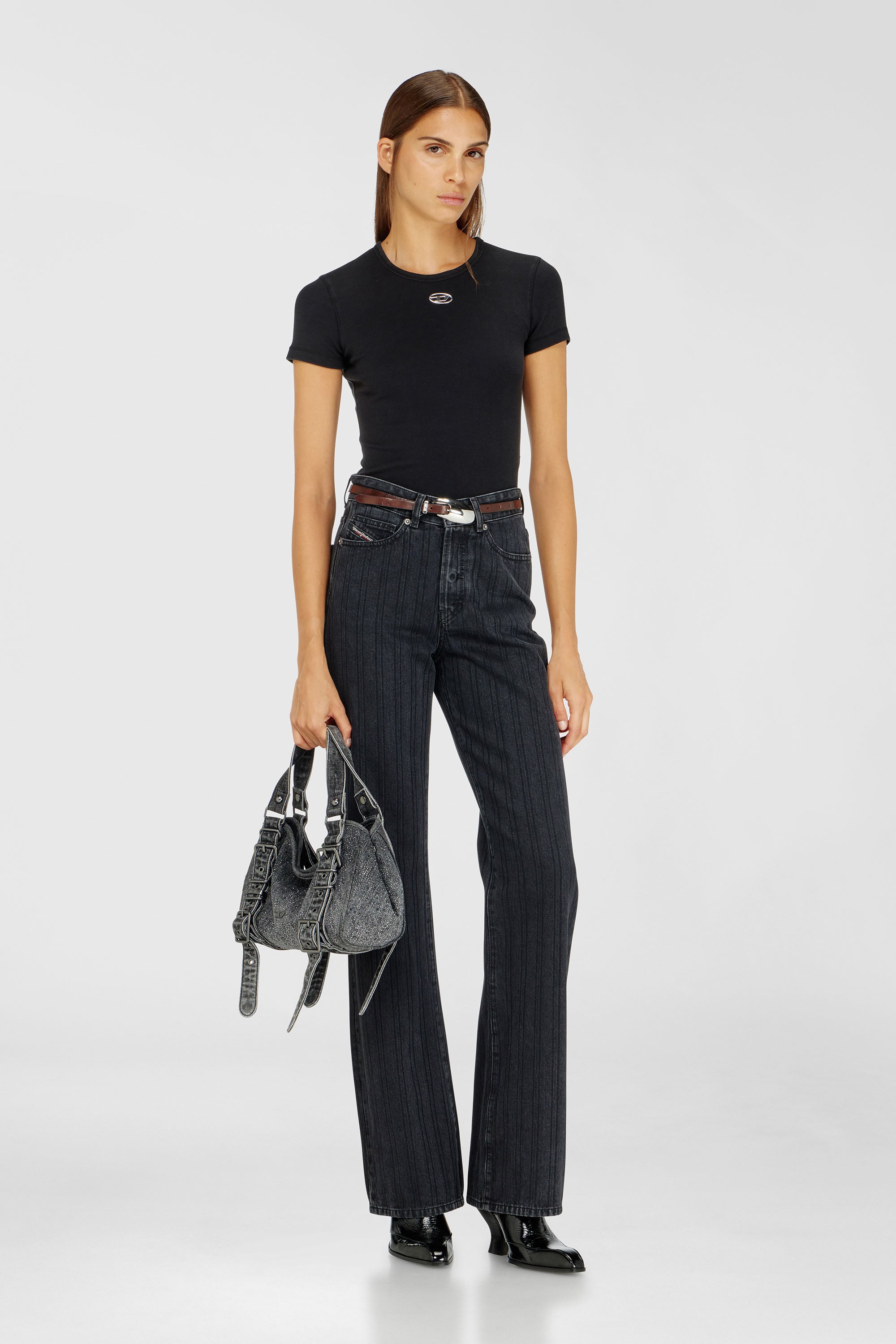 Diesel - D-ONE TOPHANDLE S, Damen D-One-Small Henkeltasche aus solarisiertem Denim mit Kristallen in Schwarz - 3