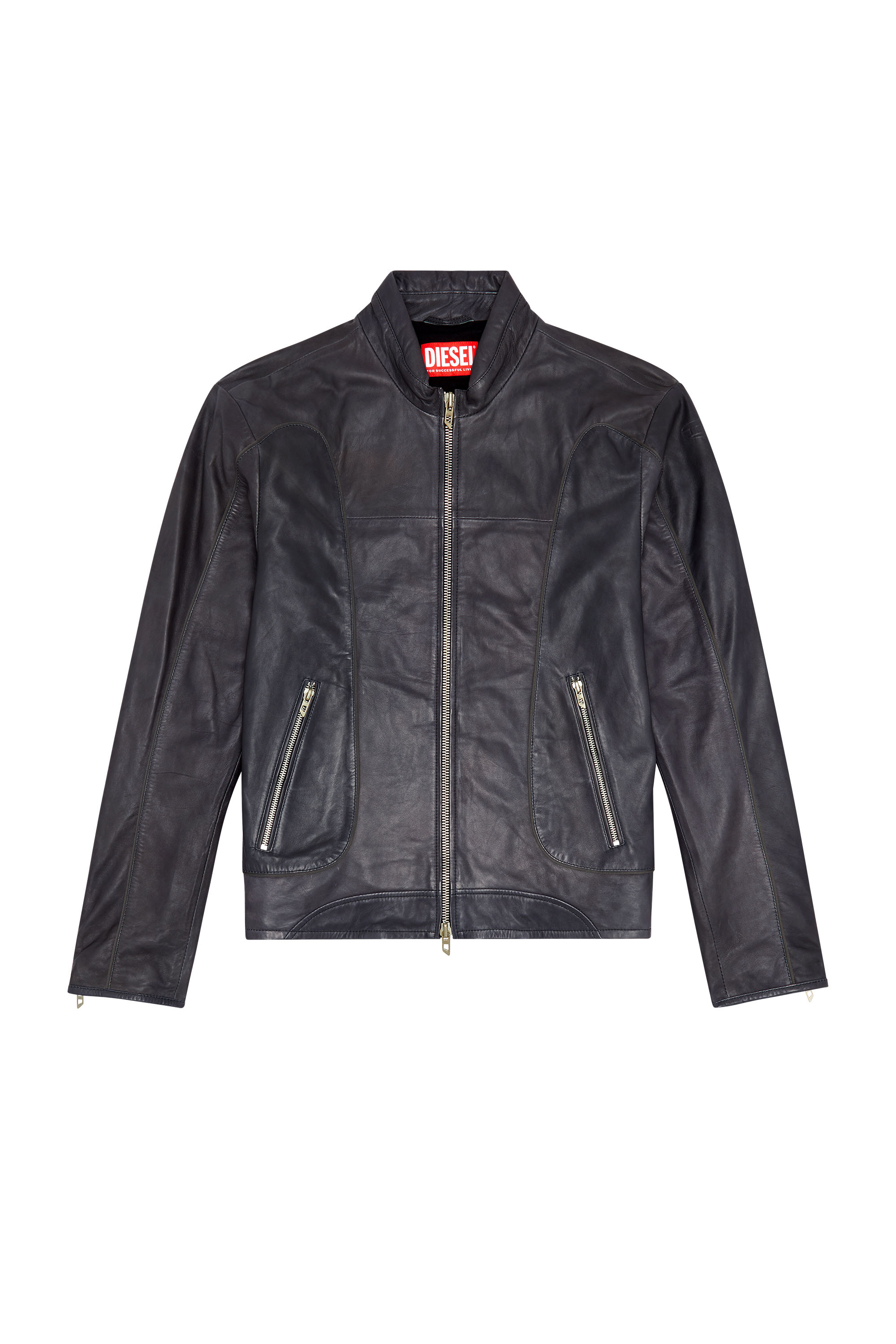 Diesel - L-KRIX, Herren Bikerjacke aus Leder mit Paspeln in Schwarz - 2