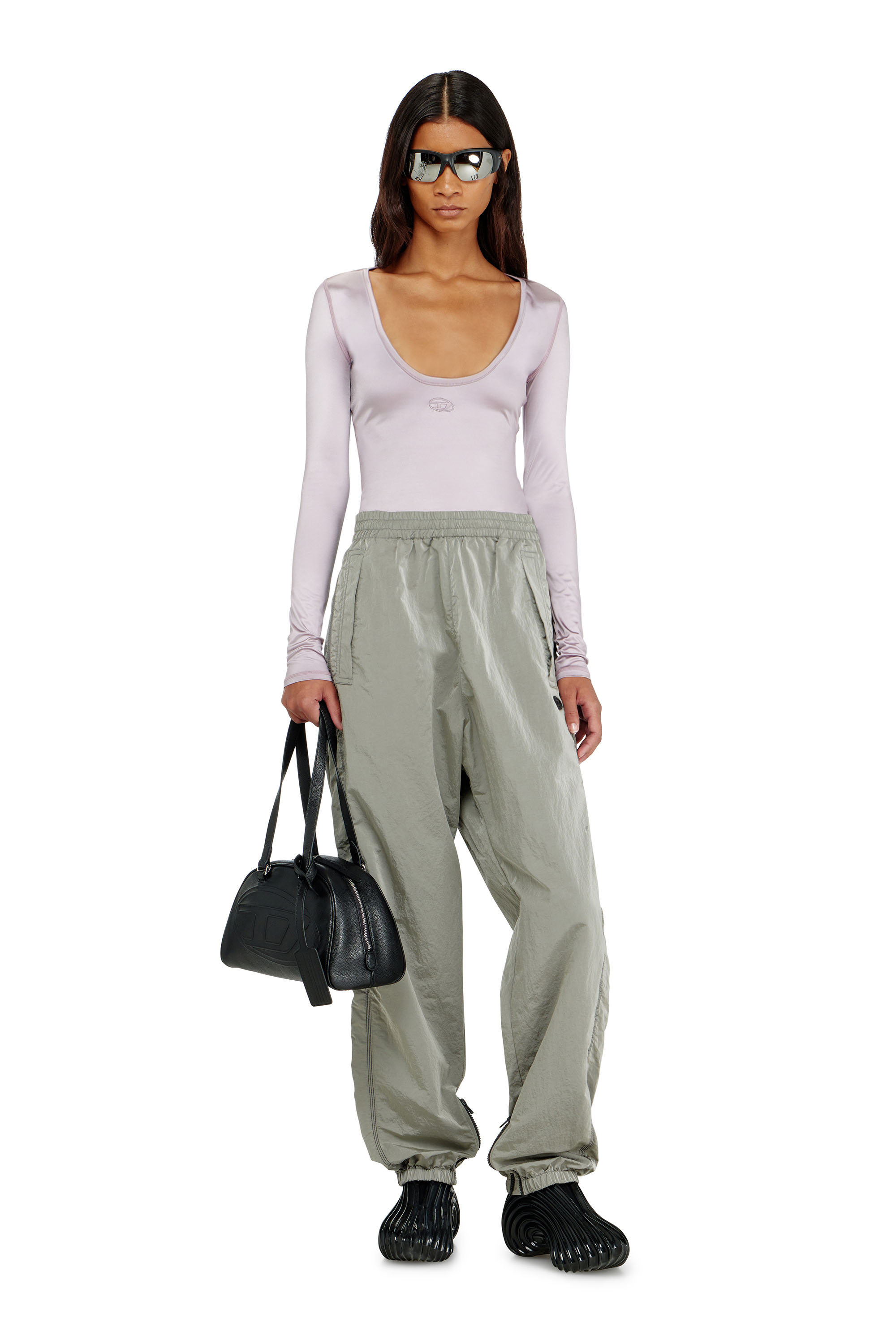 Diesel - T-ELPHIN-LS, Damen Nylon slim top mit Rundhalsausschnitt und Logo Oval D Stickerei in Lila - 1