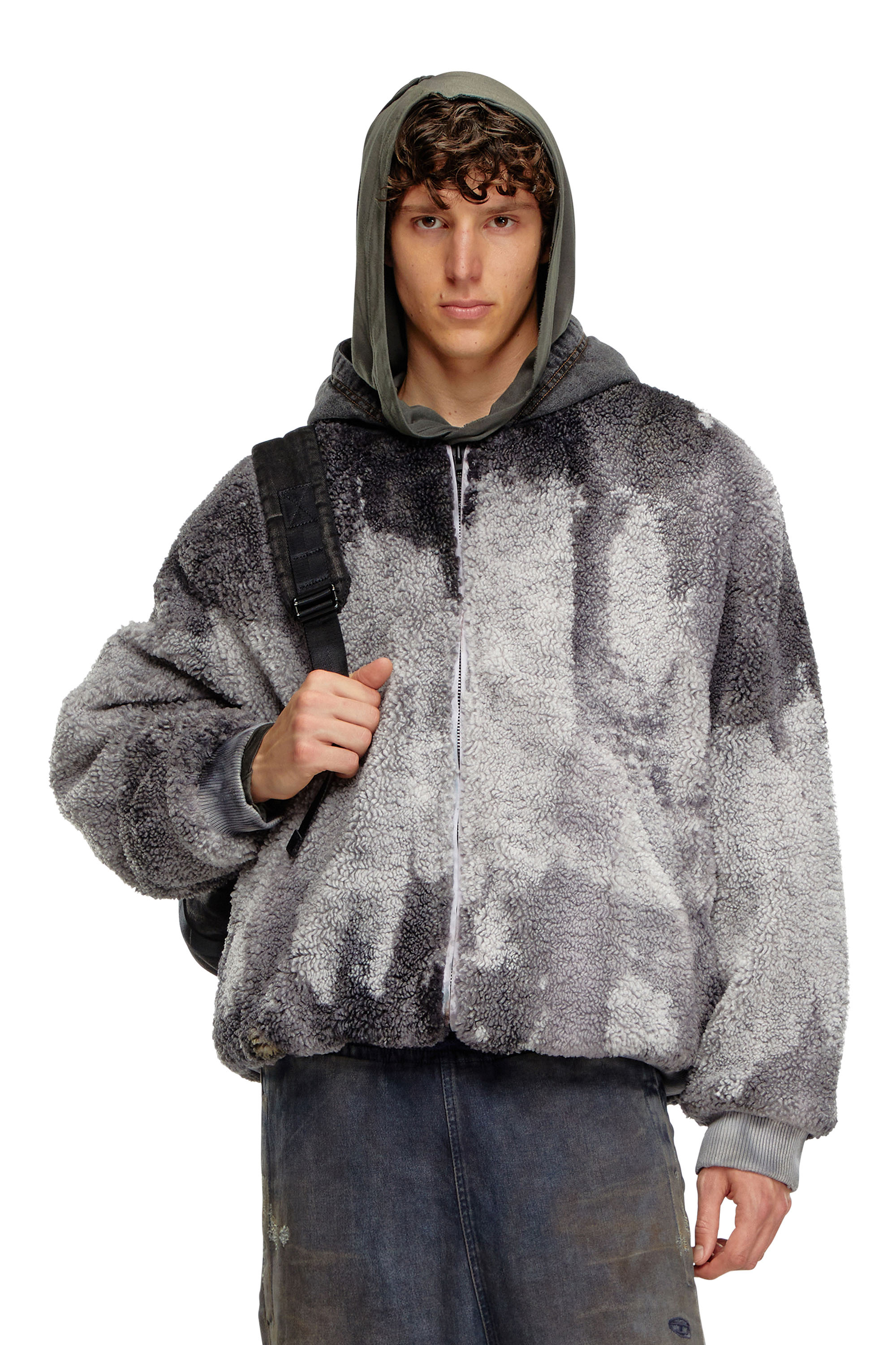 Diesel - S-DEPLA, Man's Tie-dyed teddy jacket with denim hood in Grey - 1