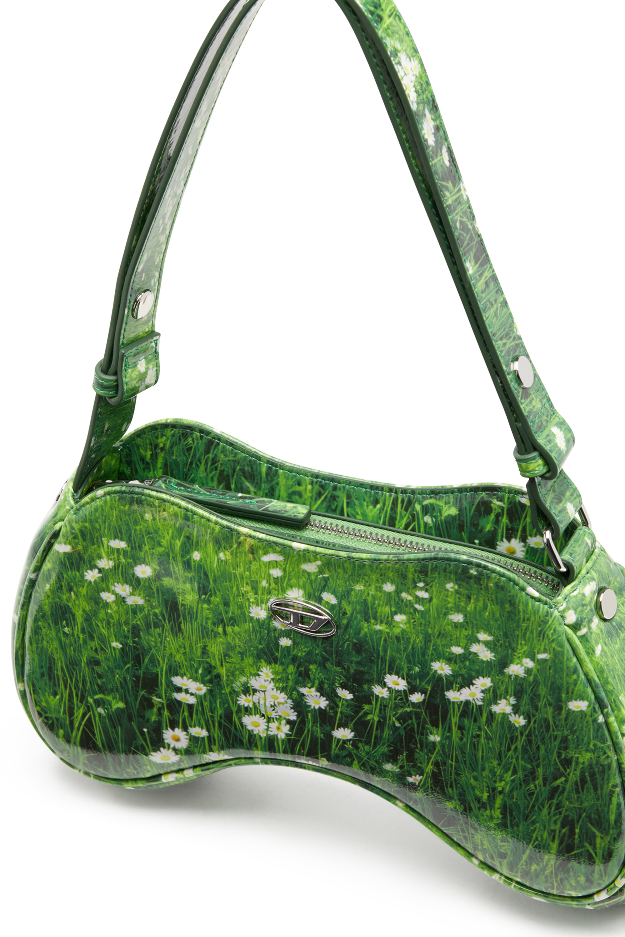 Diesel - PLAY SHOULDER, Damen Play-Glänzende Schultertasche mit Katzen-Print in Grün - 5